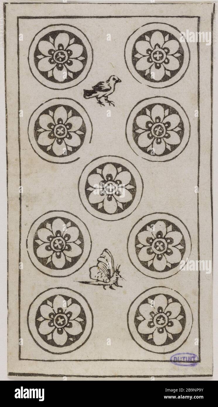 Game Florentine cards. number thirty-four in a series of 35 pieces Francesco di Domenico dit, Il Padovano (vers 1500-1571). 'Jeu de Cartes florentin. Numéro trente-quatre d'une série de 35 pièces'. Gravure sur bois en noir et blanc. 1547. Musée des Beaux-Arts de la Ville de Paris, Petit Palais. Stock Photo