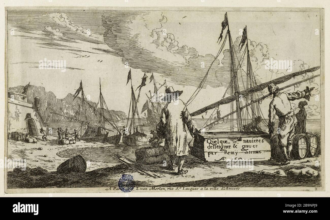 Title: Several vessels and merchant ship # 1 (Hollstein 88) Renier Zeeman (vers 1623-1667). Titre : Plusieurs vaisseaux et navire-marchands n°1 (Hollstein 88). Eau-forte, 1652. Musée des Beaux-Arts de la Ville de Paris, Petit Palais. Stock Photo