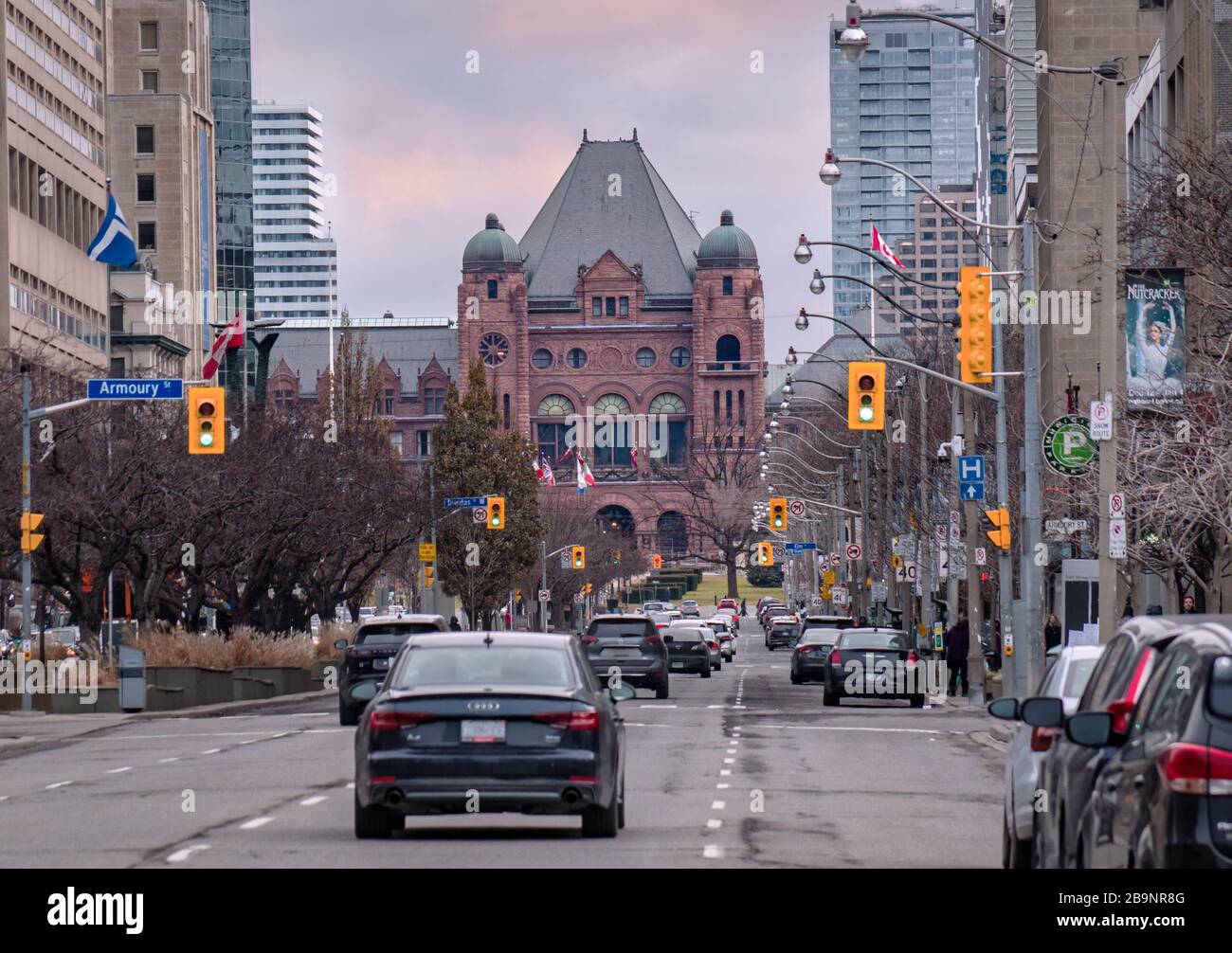 TORONTO, CANADA - 01 04 2020: Winter view on the Legislative Assembly of Ontario bulding at Queen's Park seen from the University Avenue in Downtown Stock Photo