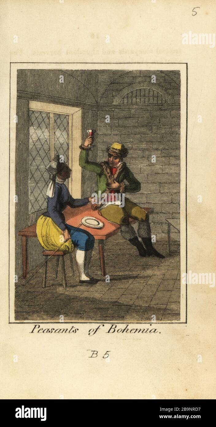 Peasants of Bohemia drinking wine in a tavern, 1818. Handcoloured copperplate engraving from Mary Anne Venning’s A Geographical Present being Descriptions of the Principal Countries of the World, Darton, Harvey and Darton, London, 1818. Venning wrote educational books on geography, conchology and mineralogy in the early 19th century. Stock Photo
