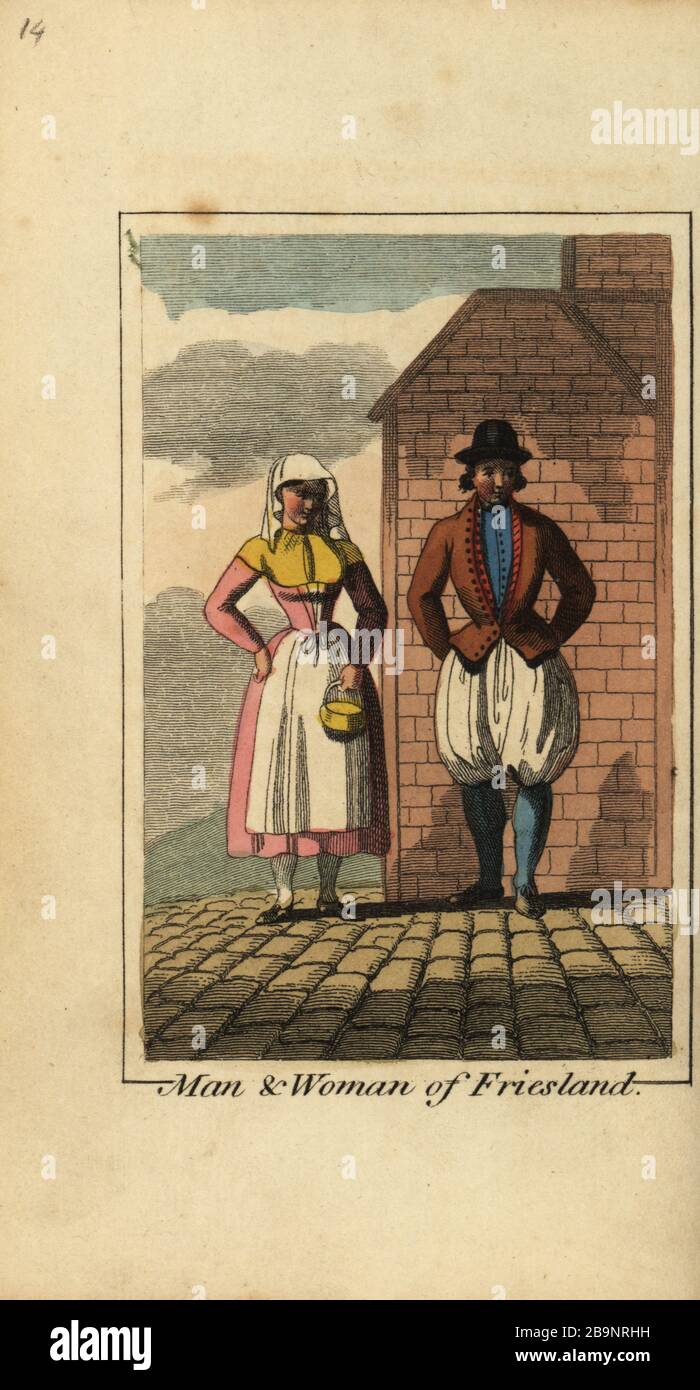 Man and woman of Friesland, Holland, 1818. Handcoloured copperplate engraving from Mary Anne Venning’s A Geographical Present being Descriptions of the Principal Countries of the World, Darton, Harvey and Darton, London, 1818. Venning wrote educational books on geography, conchology and mineralogy in the early 19th century. Stock Photo