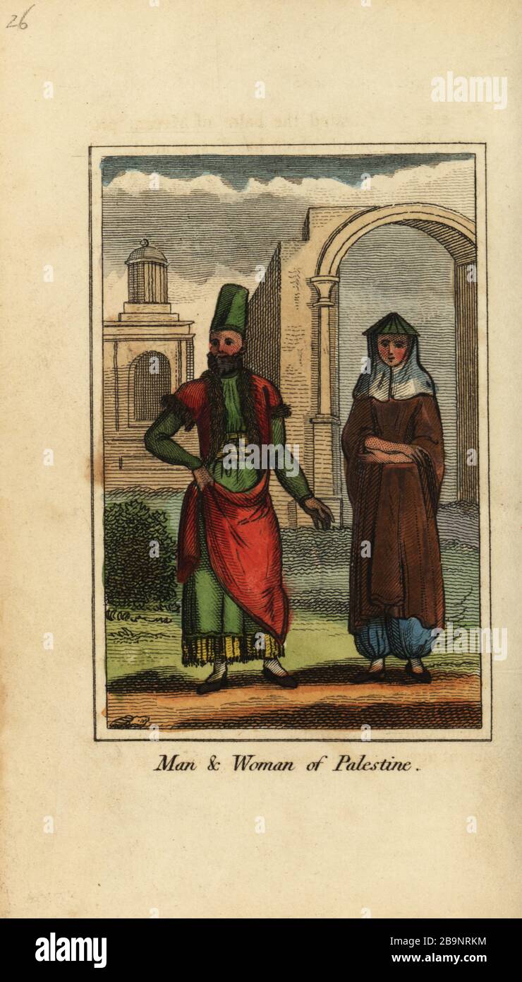 Man and woman of Palestine, 1818. Handcoloured copperplate engraving from Mary Anne Venning’s A Geographical Present being Descriptions of the Principal Countries of the World, Darton, Harvey and Darton, London, 1818. Venning wrote educational books on geography, conchology and mineralogy in the early 19th century. Stock Photo