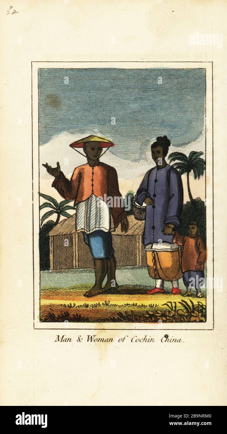 Man and woman of Cochin China (Vietnam) 1818. Handcoloured copperplate engraving from Mary Anne Venning’s A Geographical Present being Descriptions of the Principal Countries of the World, Darton, Harvey and Darton, London, 1818. Venning wrote educational books on geography, conchology and mineralogy in the early 19th century. Stock Photo
