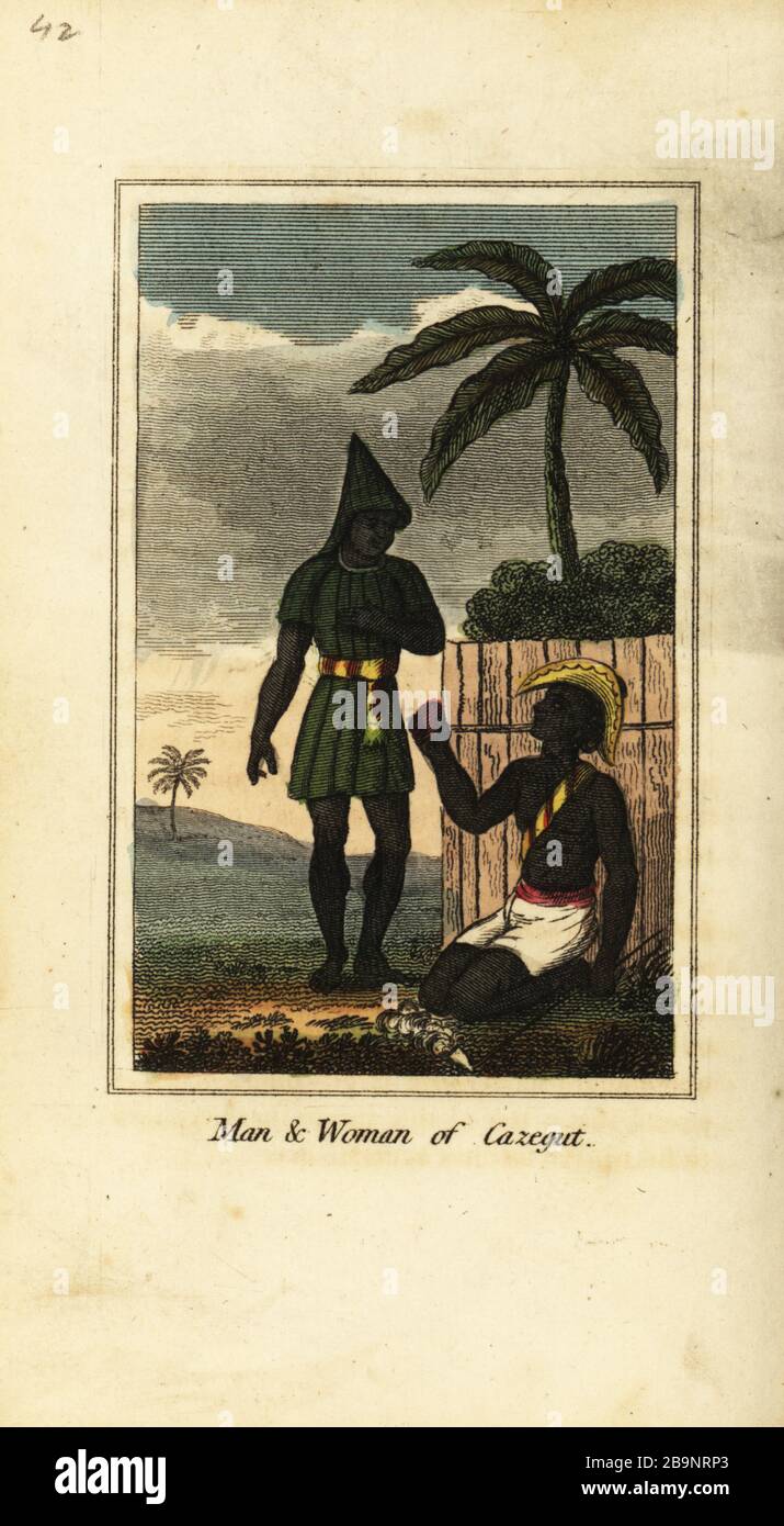 Bijogos man and woman of Cazegut (Bissagos Islands, Guinea Bissau, West Africa), 1818. Handcoloured copperplate engraving from Mary Anne Venning’s A Geographical Present being Descriptions of the Principal Countries of the World, Darton, Harvey and Darton, London, 1818. Venning wrote educational books on geography, conchology and mineralogy in the early 19th century. Stock Photo