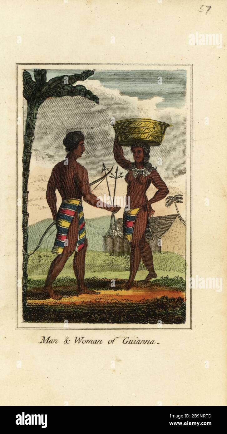 Man and woman of Guianna or Guyana, South America, 1818. They wear striped skirts, carry bow, arrows and basket in front of a cabin or carbet. Handcoloured copperplate engraving from Mary Anne Venning’s A Geographical Present being Descriptions of the Principal Countries of the World, Darton, Harvey and Darton, London, 1818. Venning wrote educational books on geography, conchology and mineralogy in the early 19th century. Stock Photo