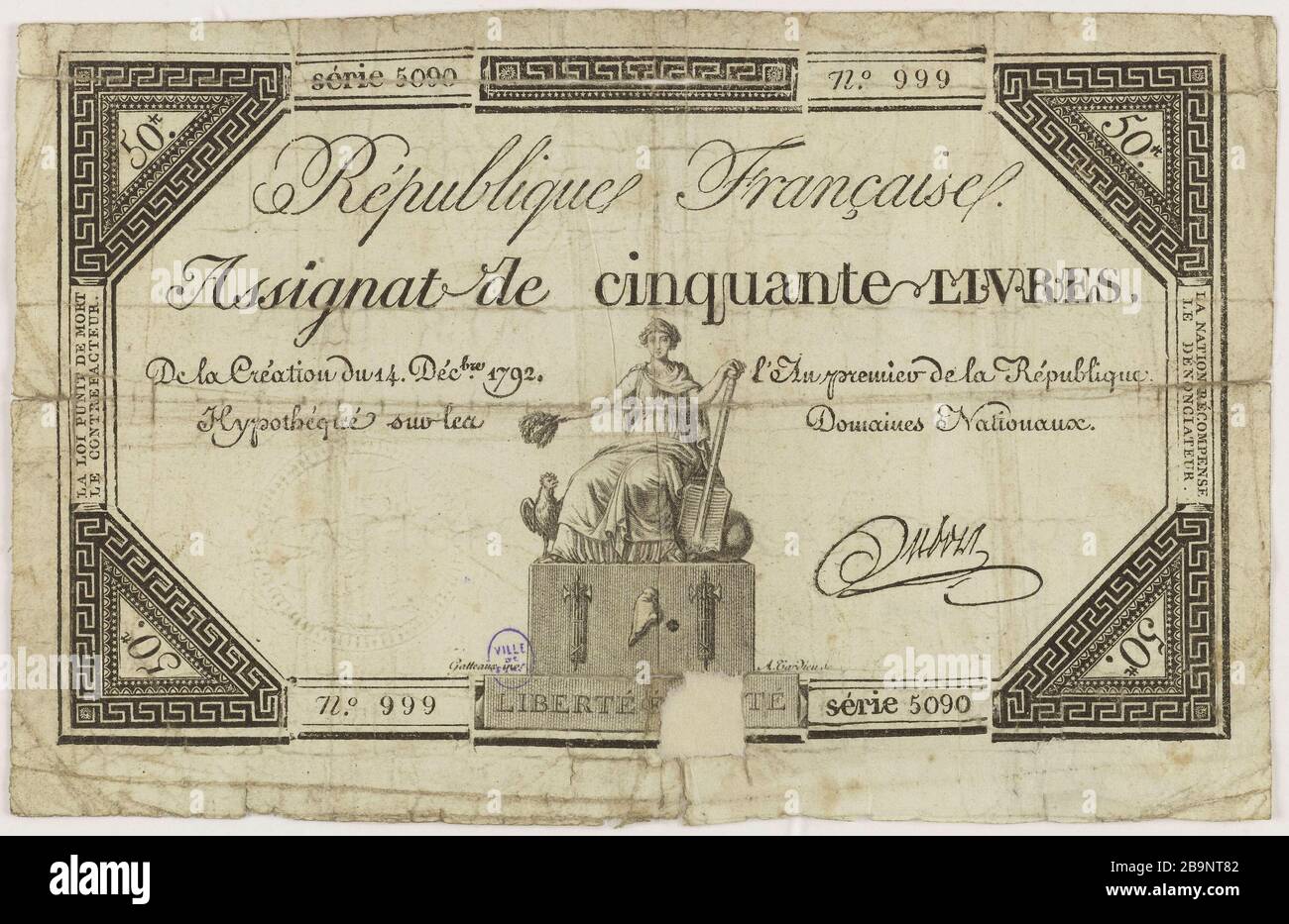 1792 Assignat de 50 livres Série 72, Révolution Française 1792 Assignat de 50 livres Série 72, Révolution Française