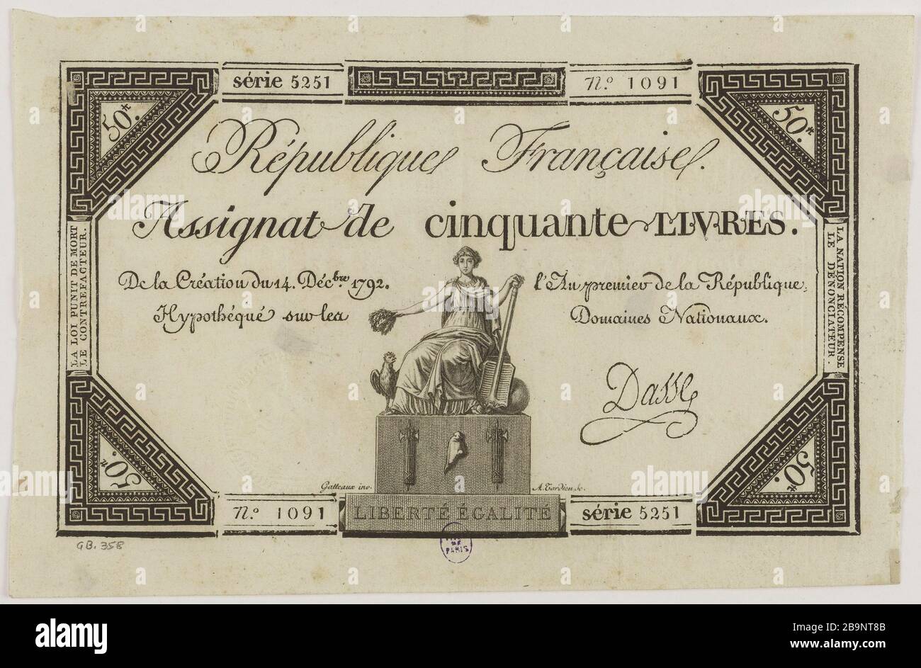 1792 Assignat de 50 livres Série 72, Révolution Française 1792 Assignat de 50 livres Série 72, Révolution Française
