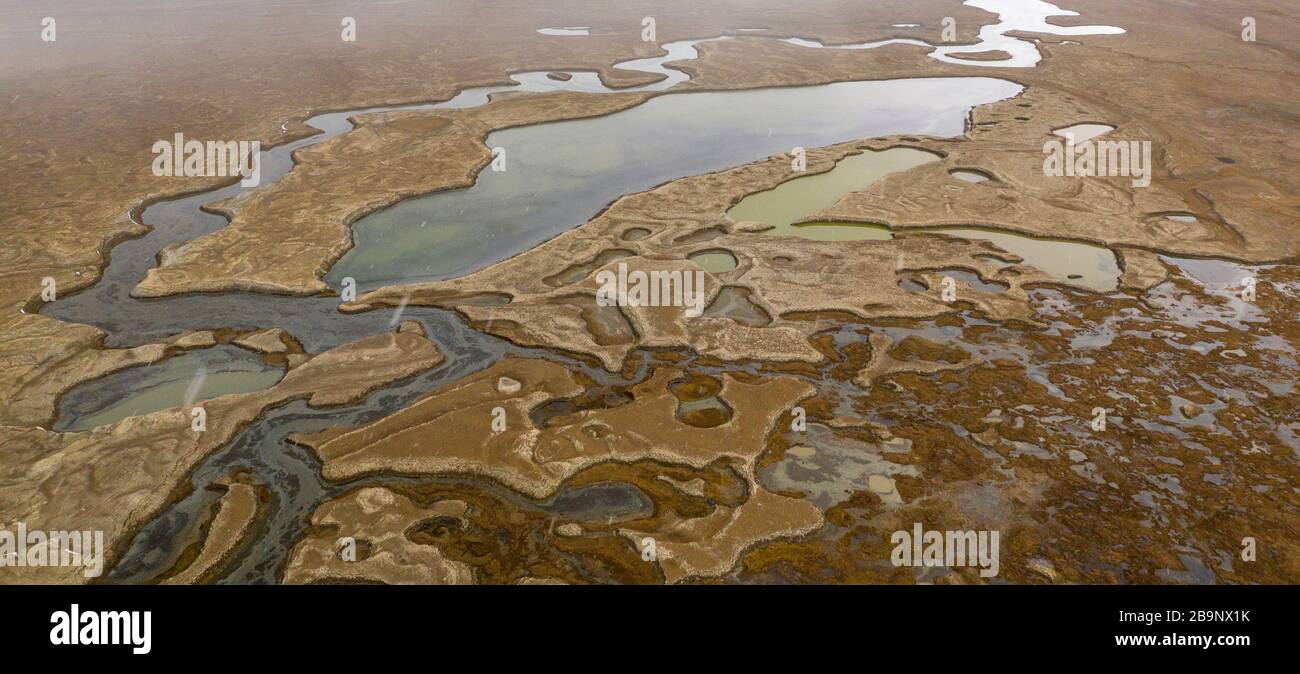 Abstract aerial patterns of wetland near the Chatyr-Kul lake in Kyrgyzstan. The Ramsar Convention on Wetlands of International Importance especially a Stock Photo