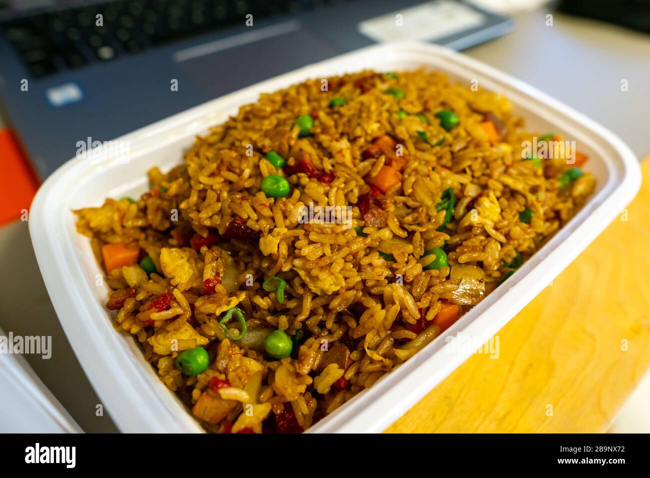 Cha siu Fried rice in a take out box Stock Photo