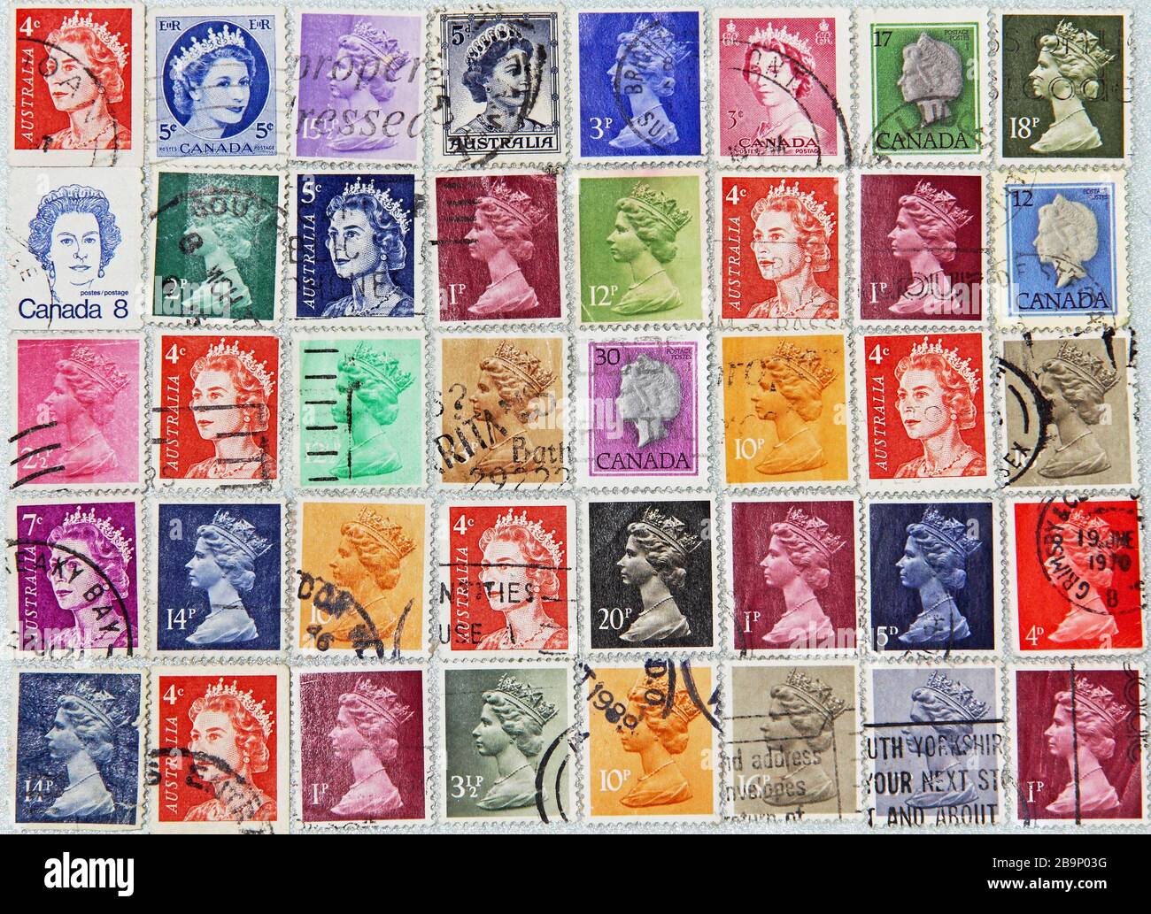 Postage stamps of British Commonwealth countries with image of Her Majesty Queen Elizabeth. Stock Photo