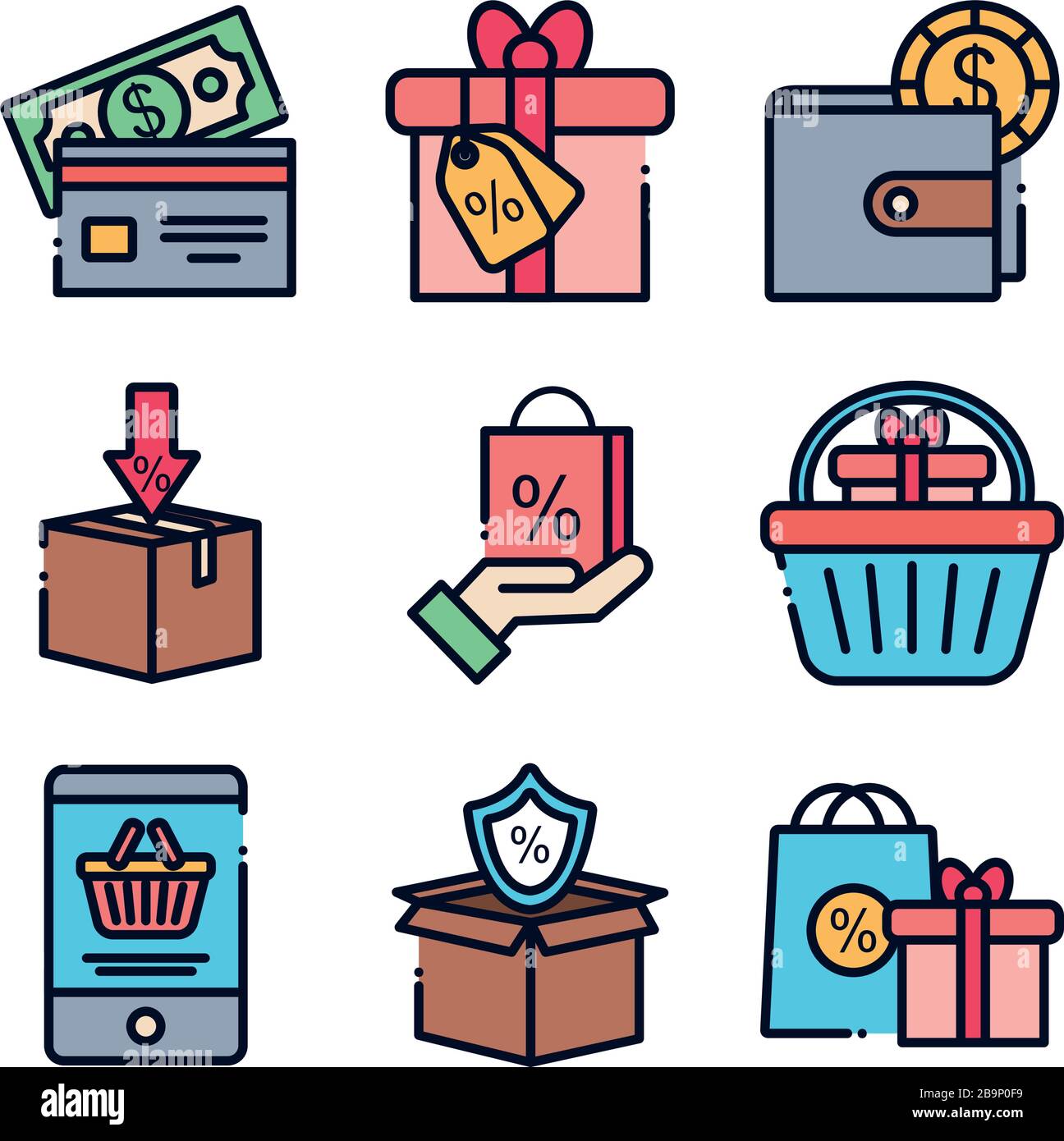 line fill style icon set design of Sale shopping commerce market store ...