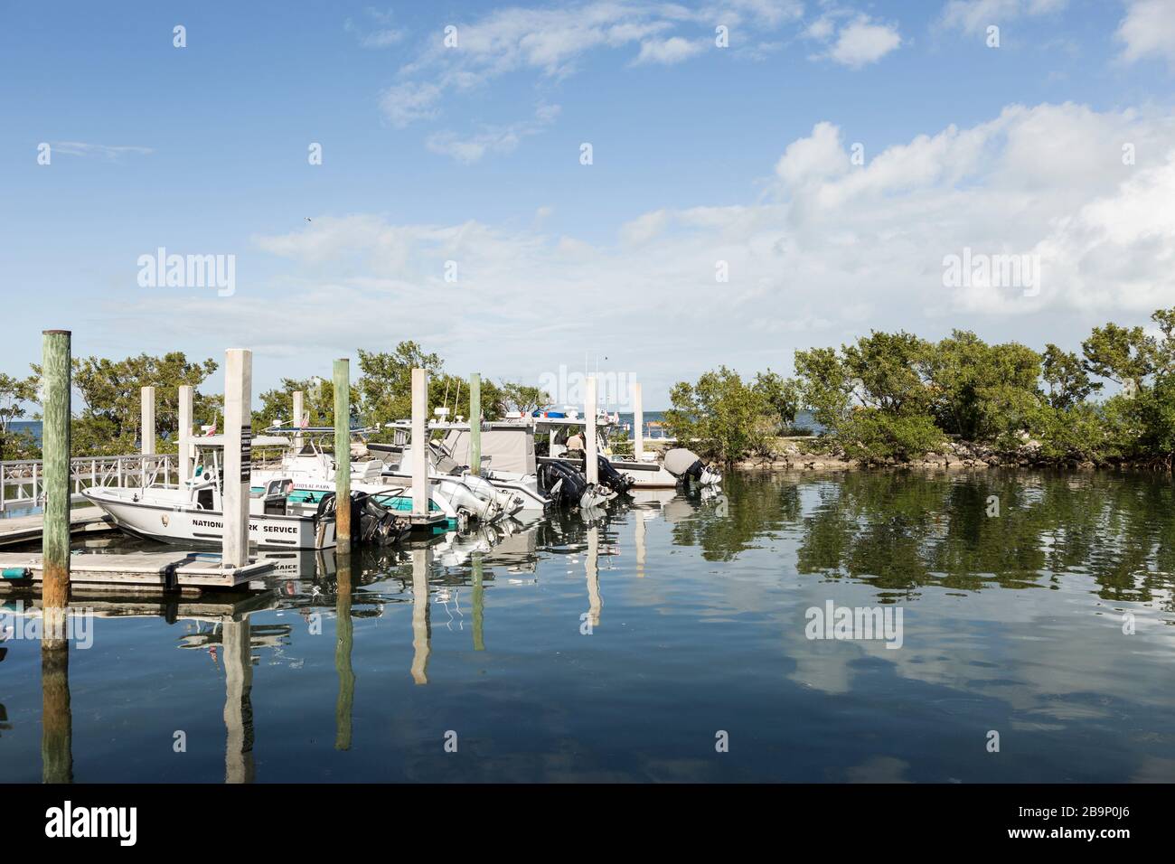 National Pak Service speedboats moored at Convoy Point in Biscayne National Park in Homestead, Florida, USA Stock Photo