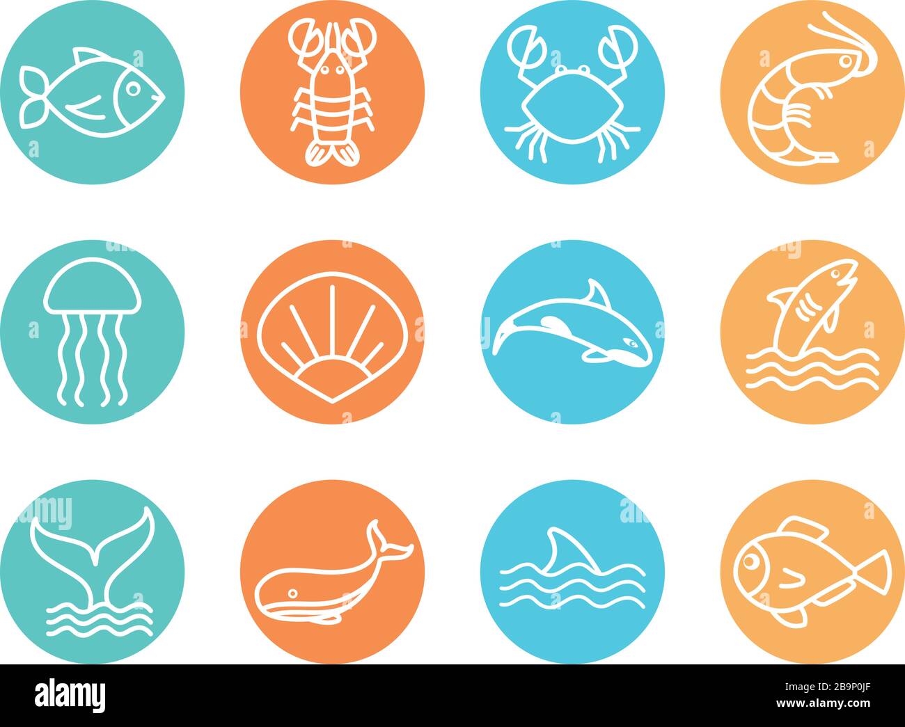 line block style icon set design Sea animals life ecosystem fauna ocean ...