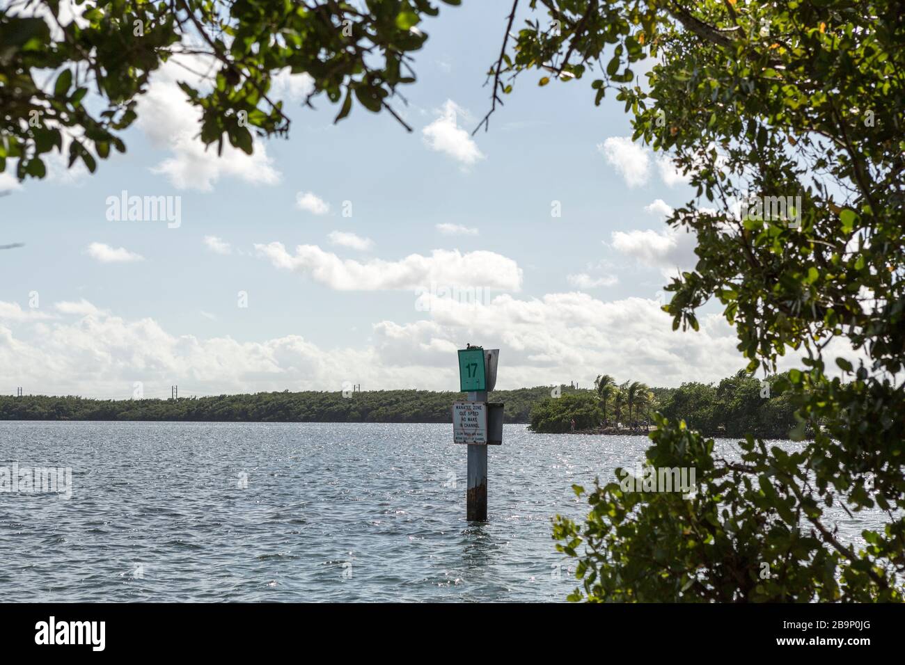 A channel marker in the water off a small key near Convoy Point in Biscayne National Park in