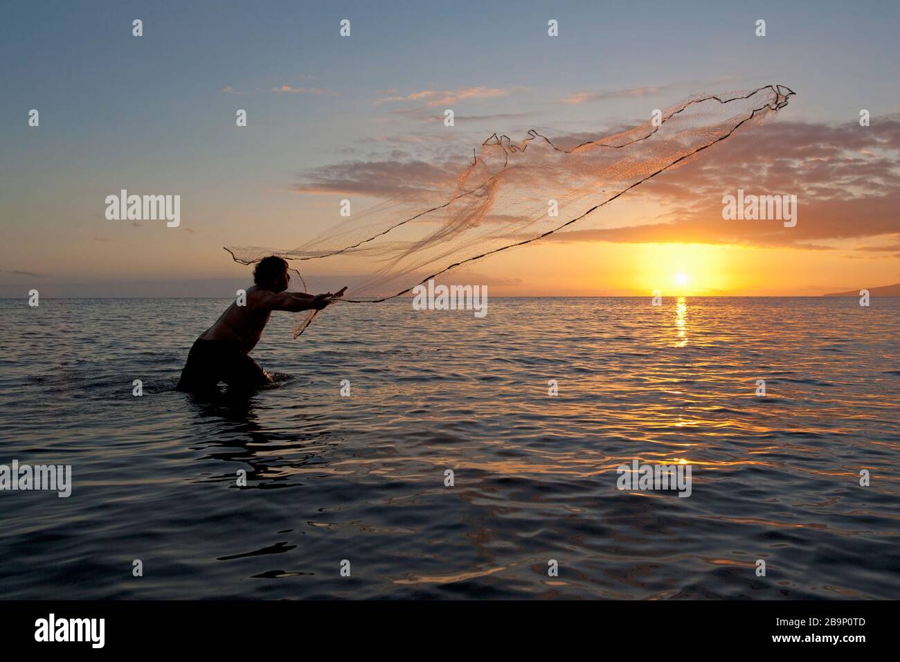 Hawaiian fisherman throws net at sunset at Olowalu, Maui, Hawaii Stock  Photo - Alamy