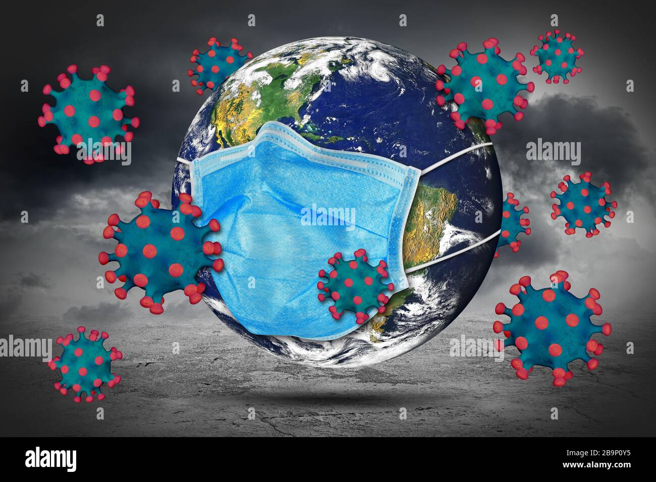 Coronavirus earth world globe with blue respirator breathing face mask. Corna virus global  outbreak pandemic epidemic medical prevention concept dark Stock Photo