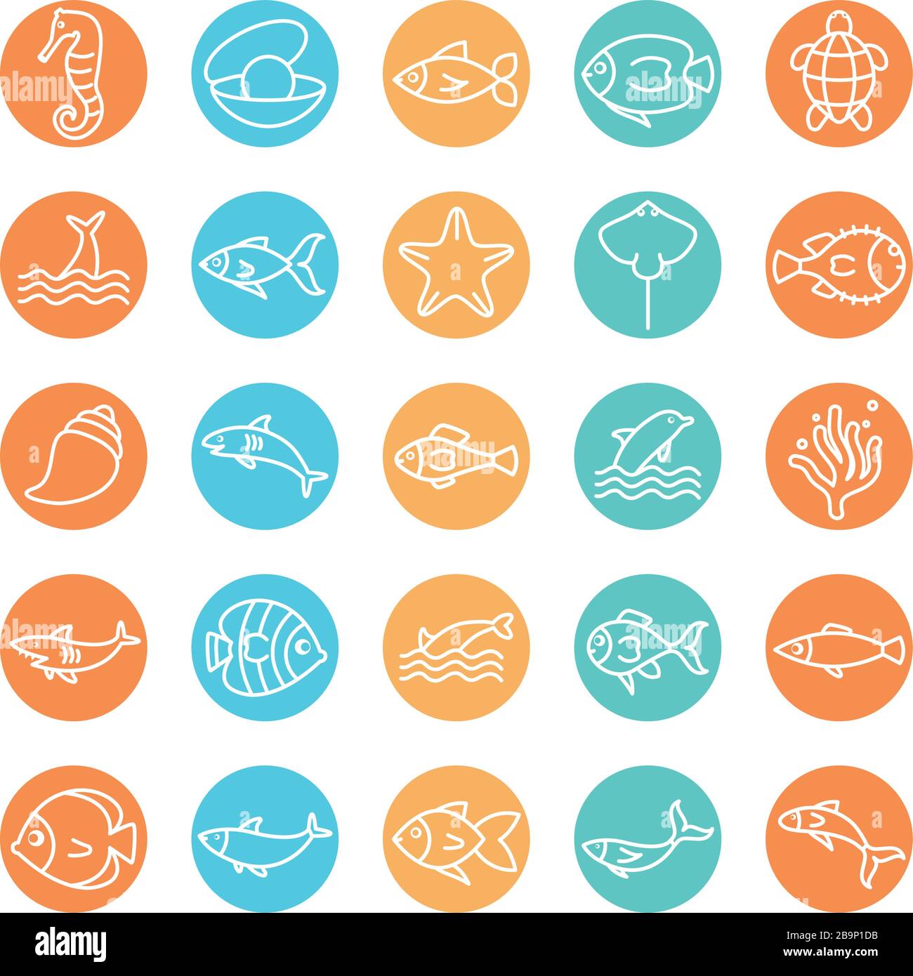 line block style icon set design Sea animals life ecosystem fauna ocean ...
