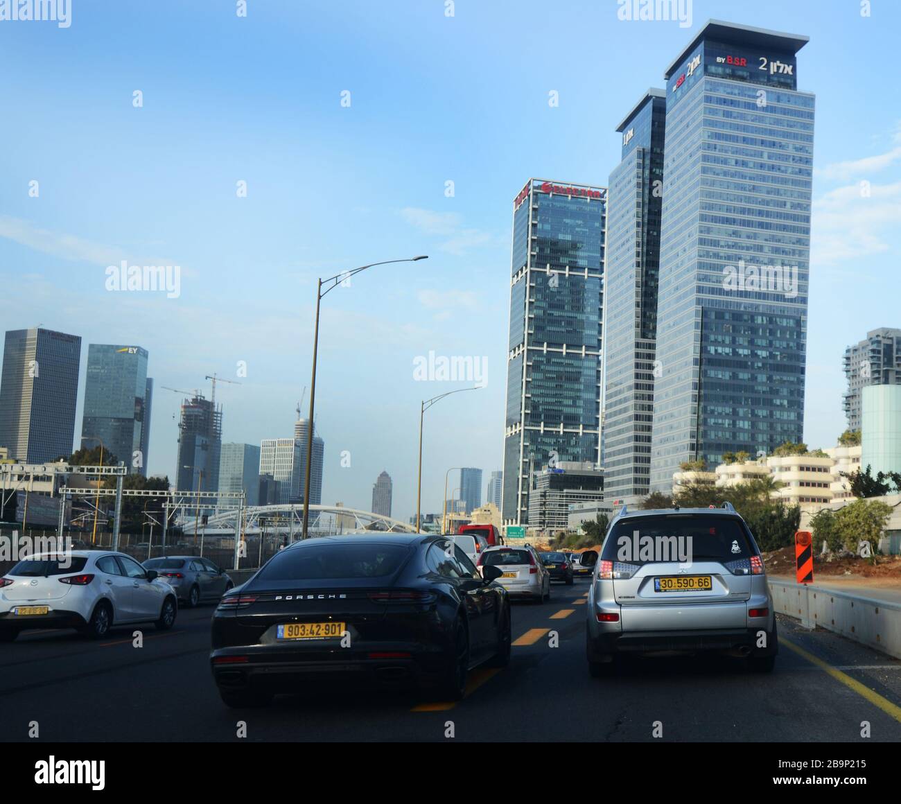 Modern skyscrapers along the Ayalon freeway in Tel-Aviv, Israel. Stock Photo