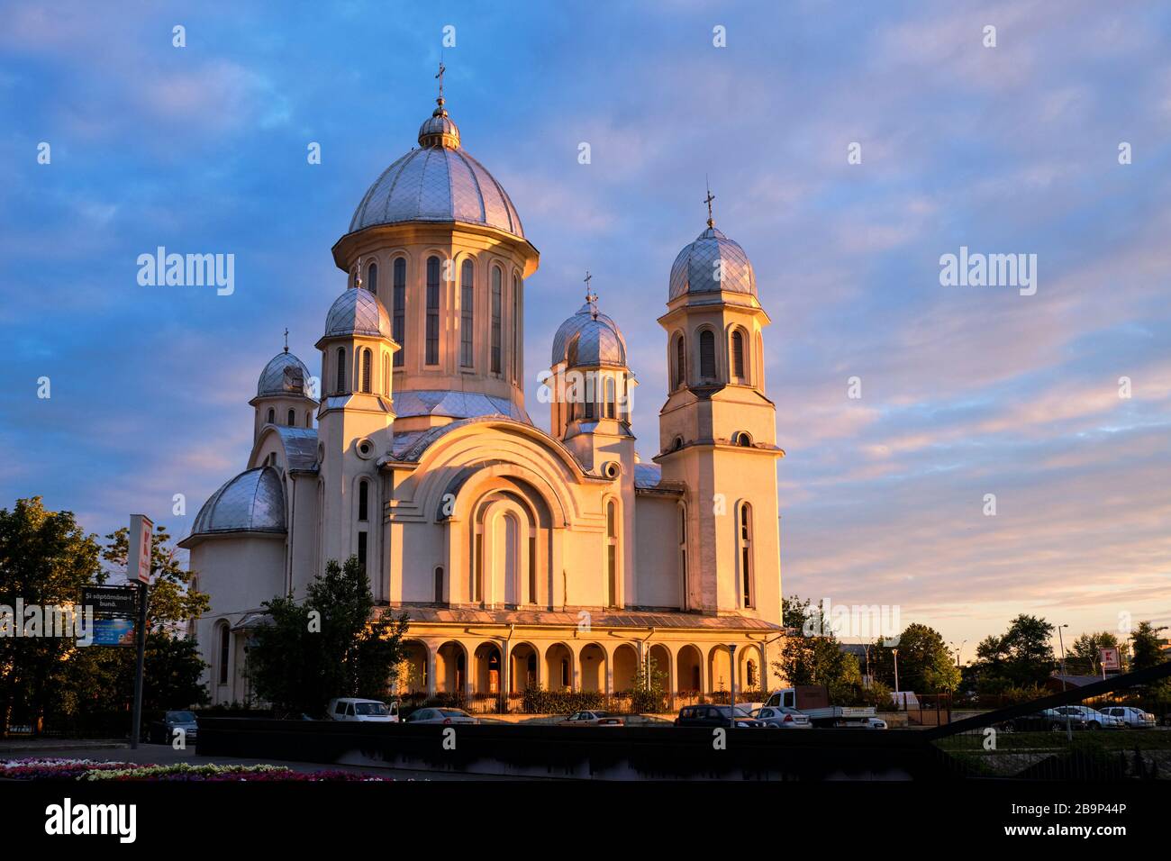 large orthodox church at sunset in Baia Mare, Romania Stock Photo
