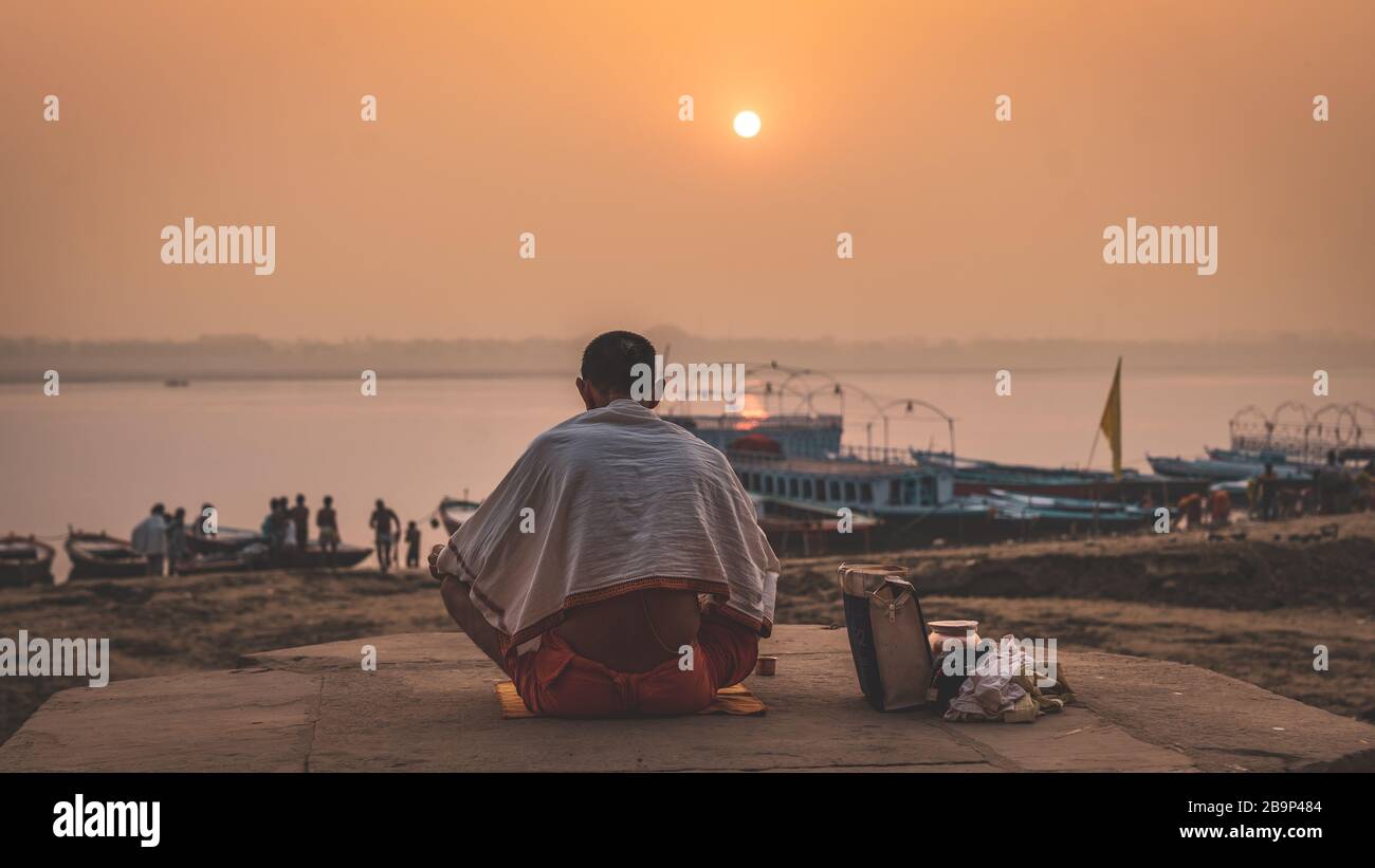 Evening Prayers on the Ganges River, Varanasi, India Stock Photo