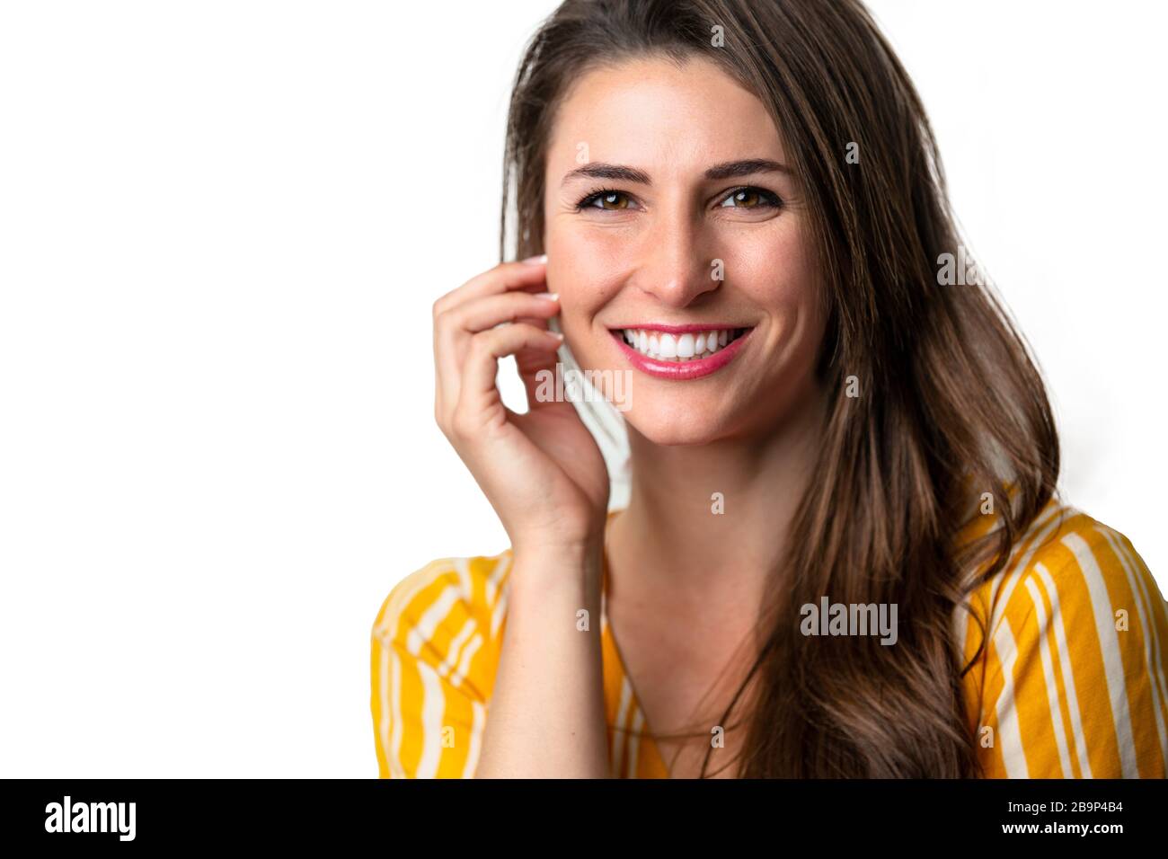 Beautiful bright cheerful woman with perfect skin and white teeth smile isolated on white background Stock Photo