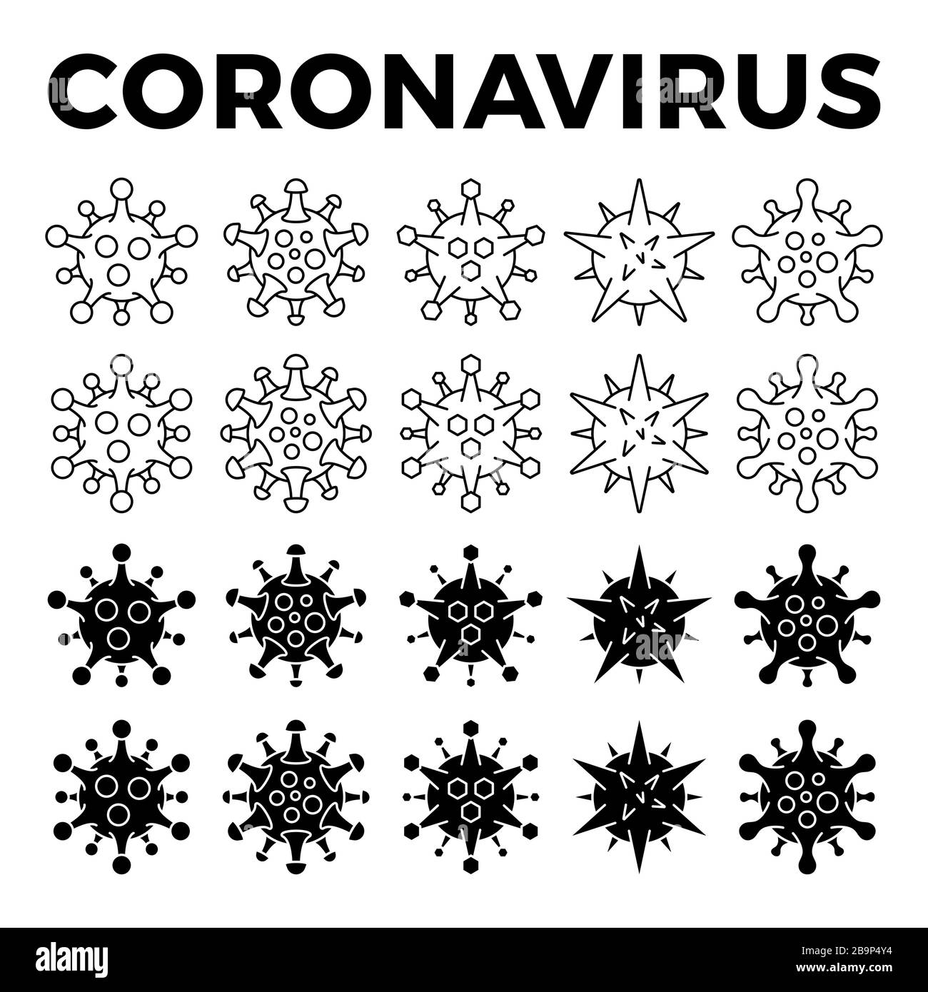 Set of different viral cells icon. Novel Coronavirus (2019-nCoV). Virus Covid 19-NCP. Coronavirus nCoV denoted is single-stranded RNA virus. Outline a Stock Vector