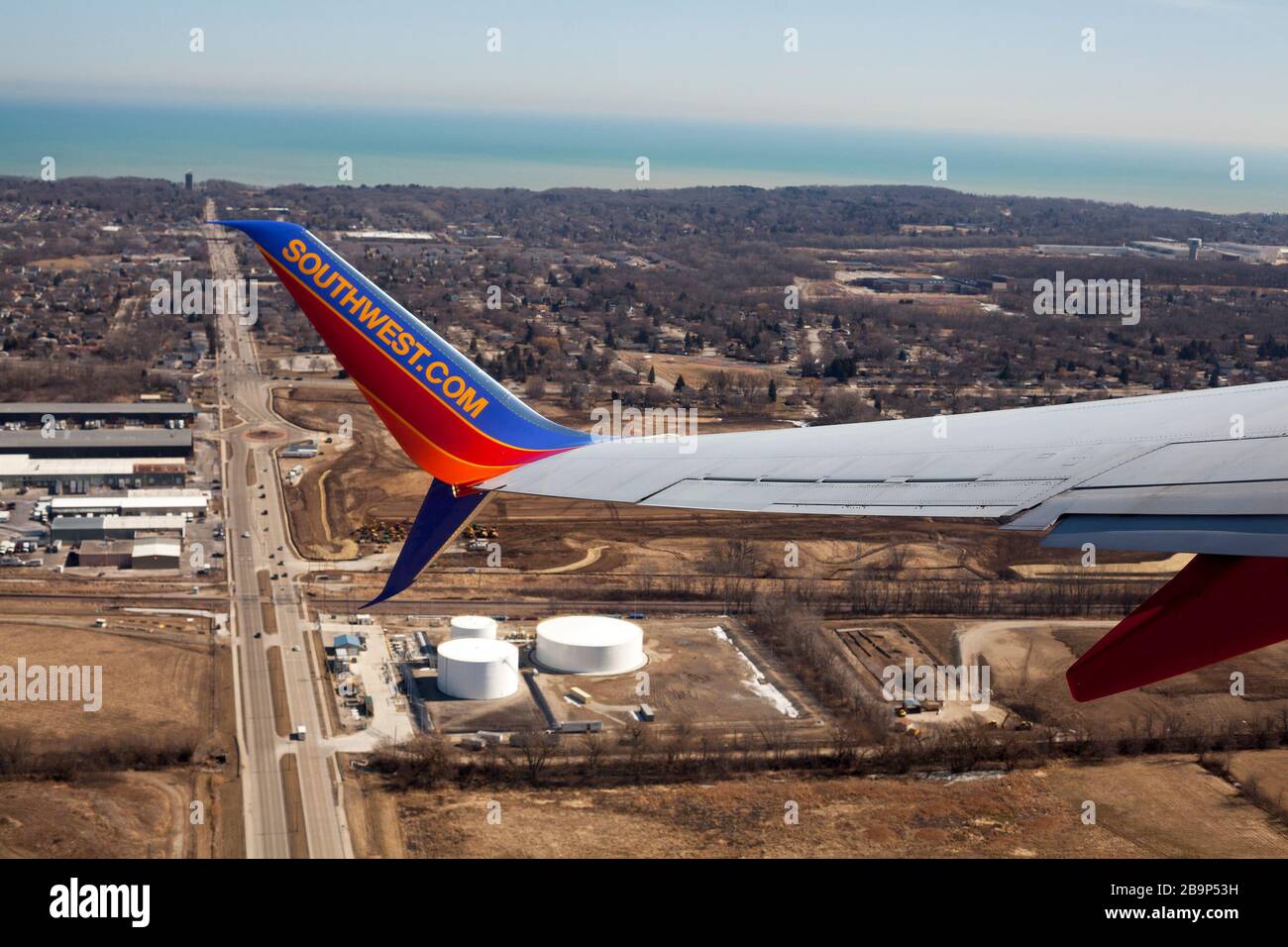 A flight on Southwest Airlines as seen from the passenger window. Stock Photo