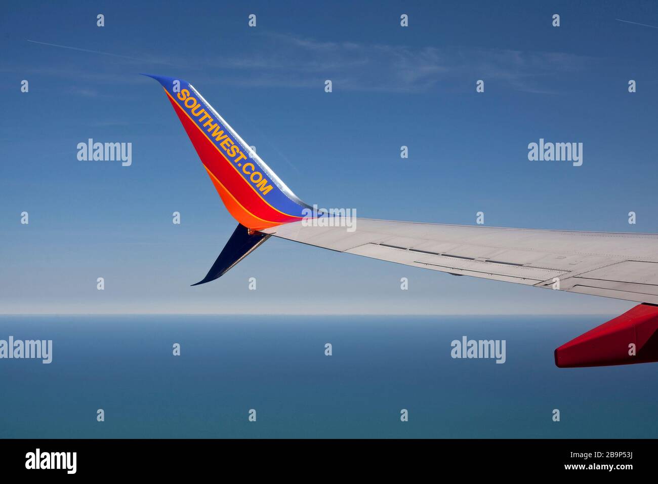 A flight on Southwest Airlines as seen from the passenger window. Stock Photo