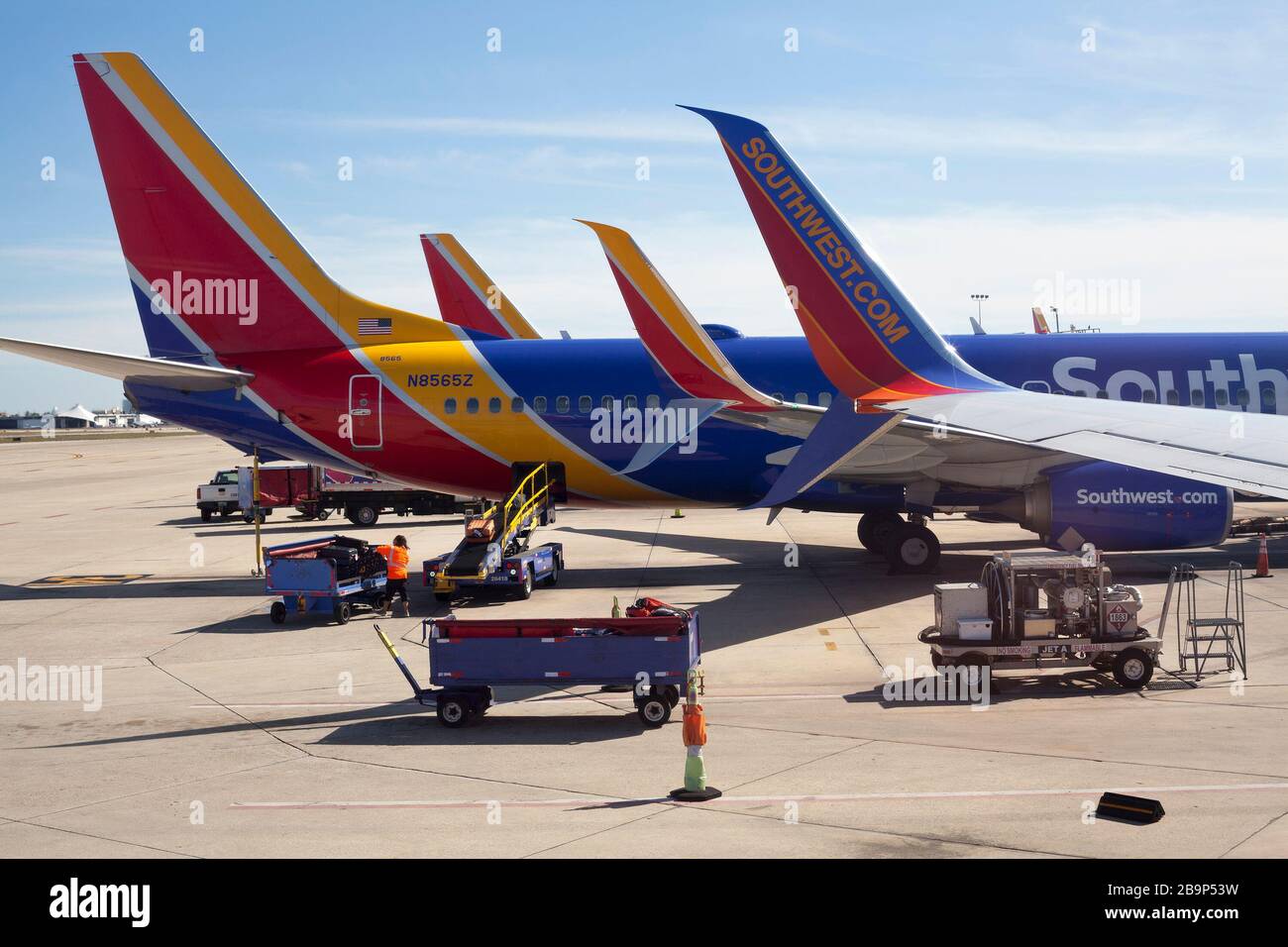Southwest Airline planes line up at Milwaukee Mitchell International Airport in Wisconsin, USA. Stock Photo