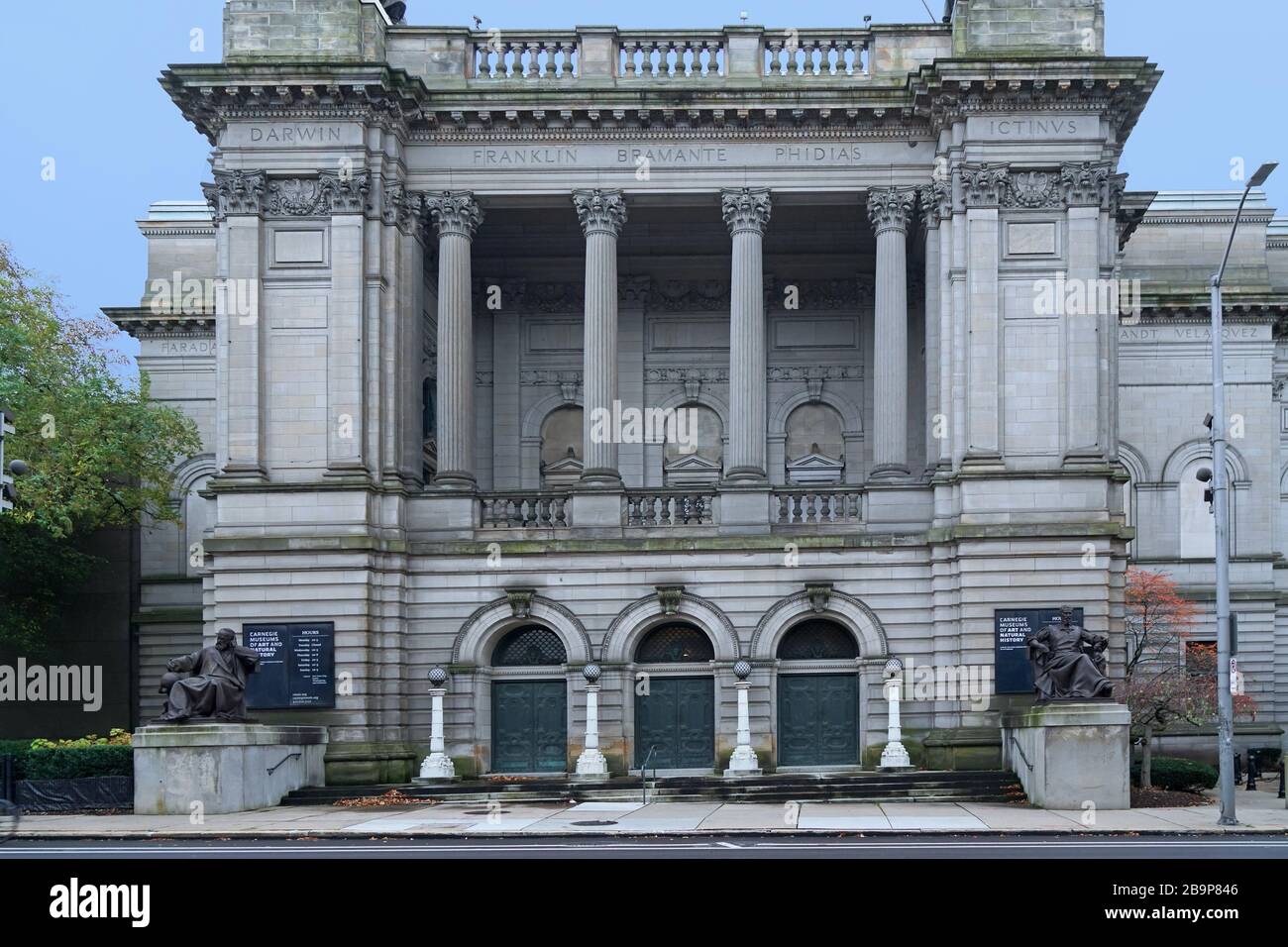 PITTSBURGH - NOVEMBER 2019:  The classical style exterior of the Carnegie Museum is inscribed with the names of famous scientists and artists. Stock Photo