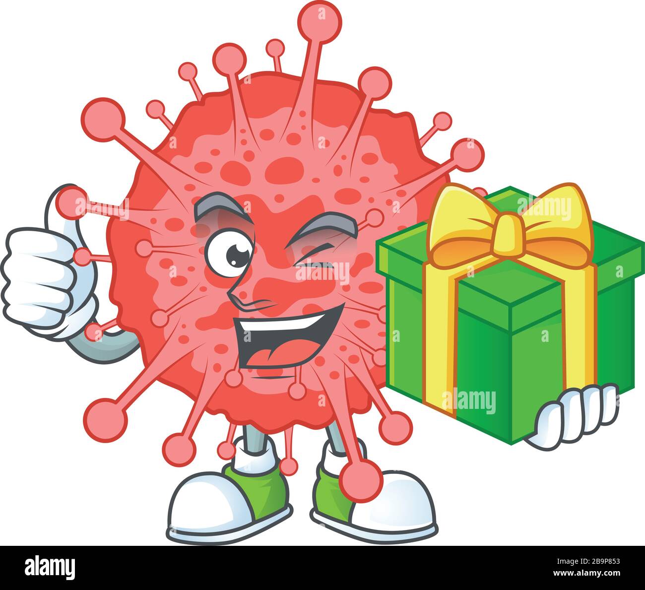 Cheerful coronavirus disaster cartoon character holding a gift box Stock Vector
