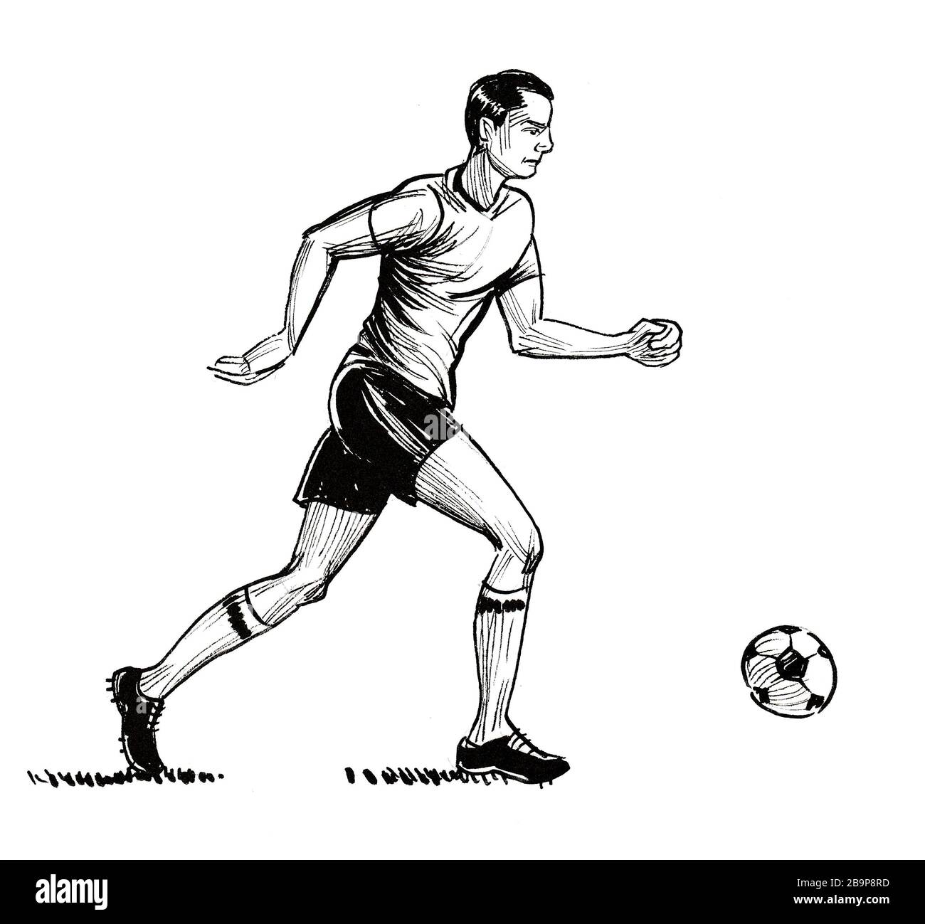 Forward with a ball. Ink black and white drawing Stock Photo - Alamy