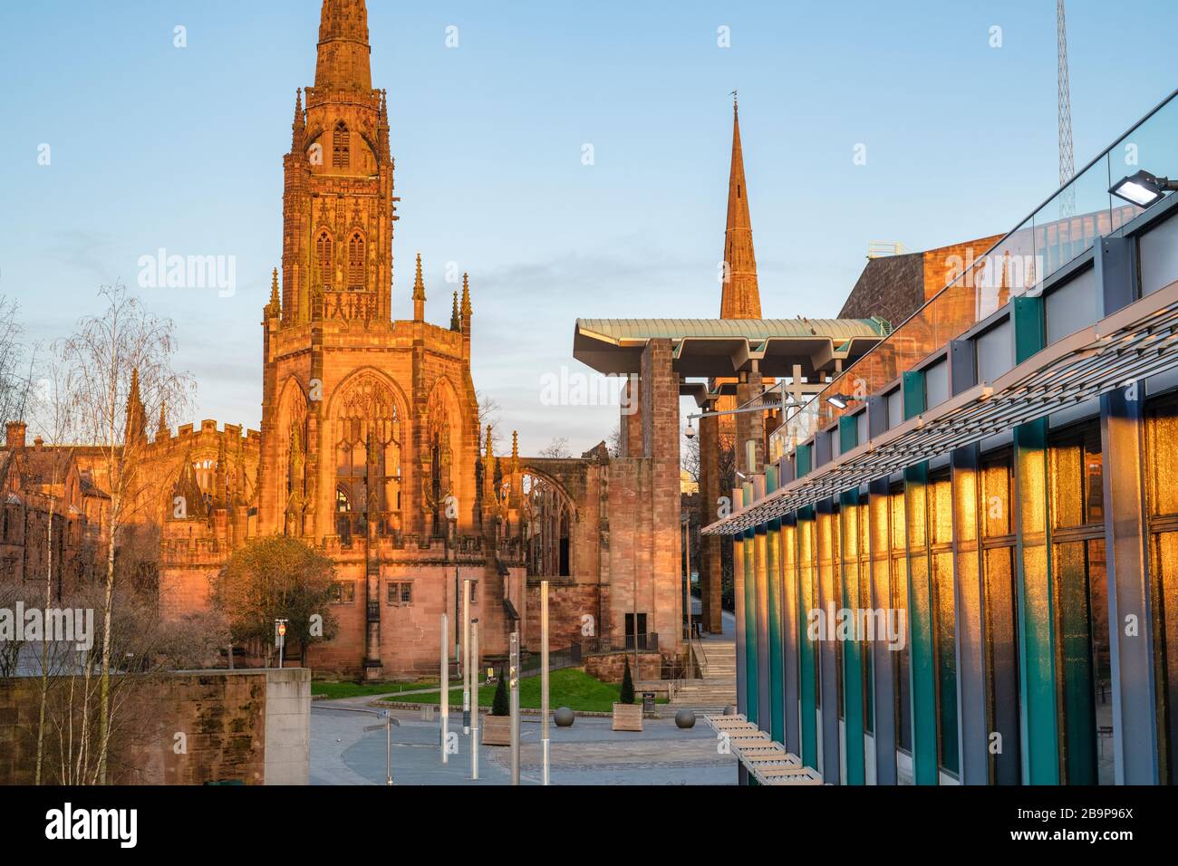 Coventry Cathedrals at sunrise in the spring. Coventry, West Midlands, England Stock Photo