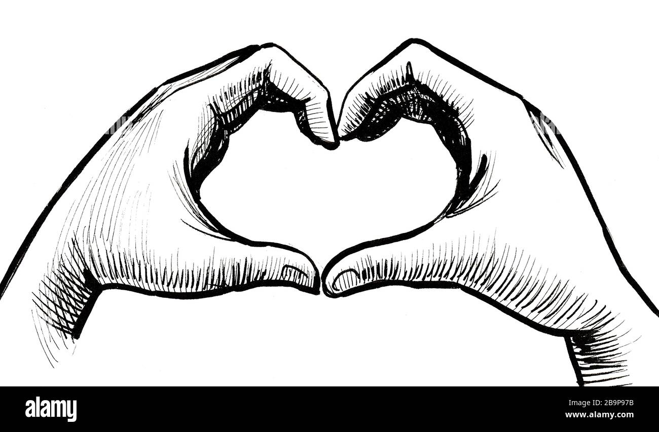 Hand making heart shape. Ink black and white drawing Stock Photo Alamy