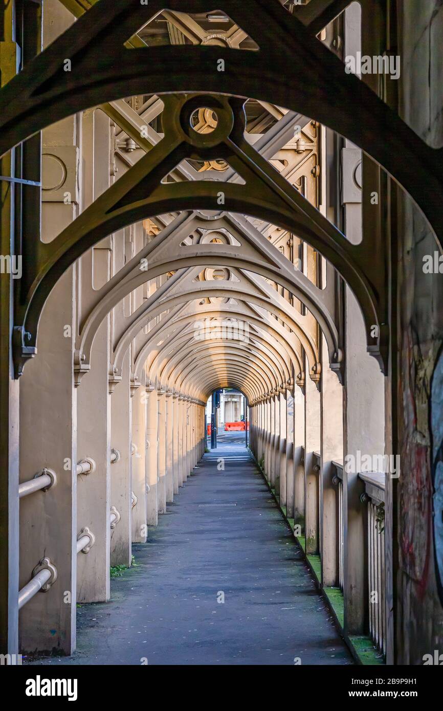 Newcastle upon Tyne, England - November 10 2019: Pedestrian walkway on the High level bridge, which also caters for road and railway, spanning the River Tyne between Newcastle upon Tyne and Gateshead in North East England Stock Photo