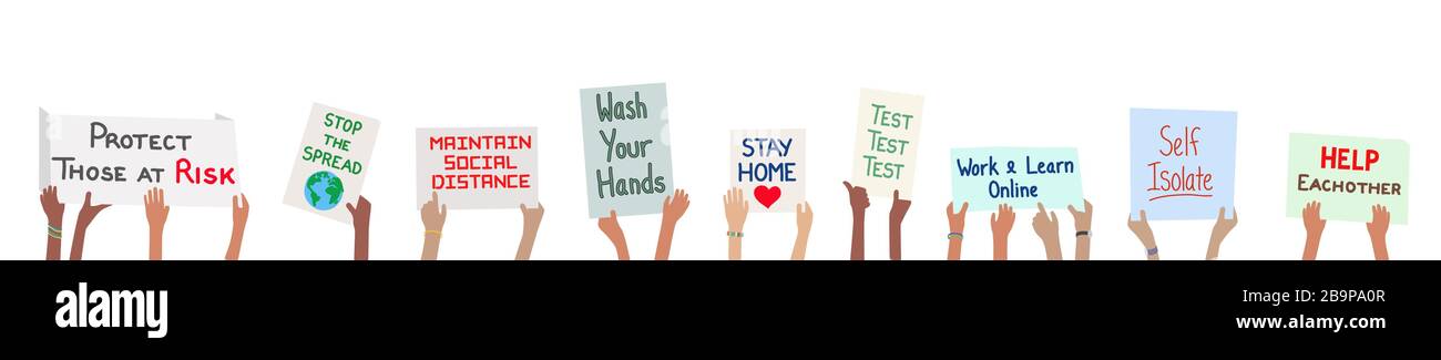 Coronavirus covid-19 virus banner with children holding action signs and steps to stop the spread Stock Vector