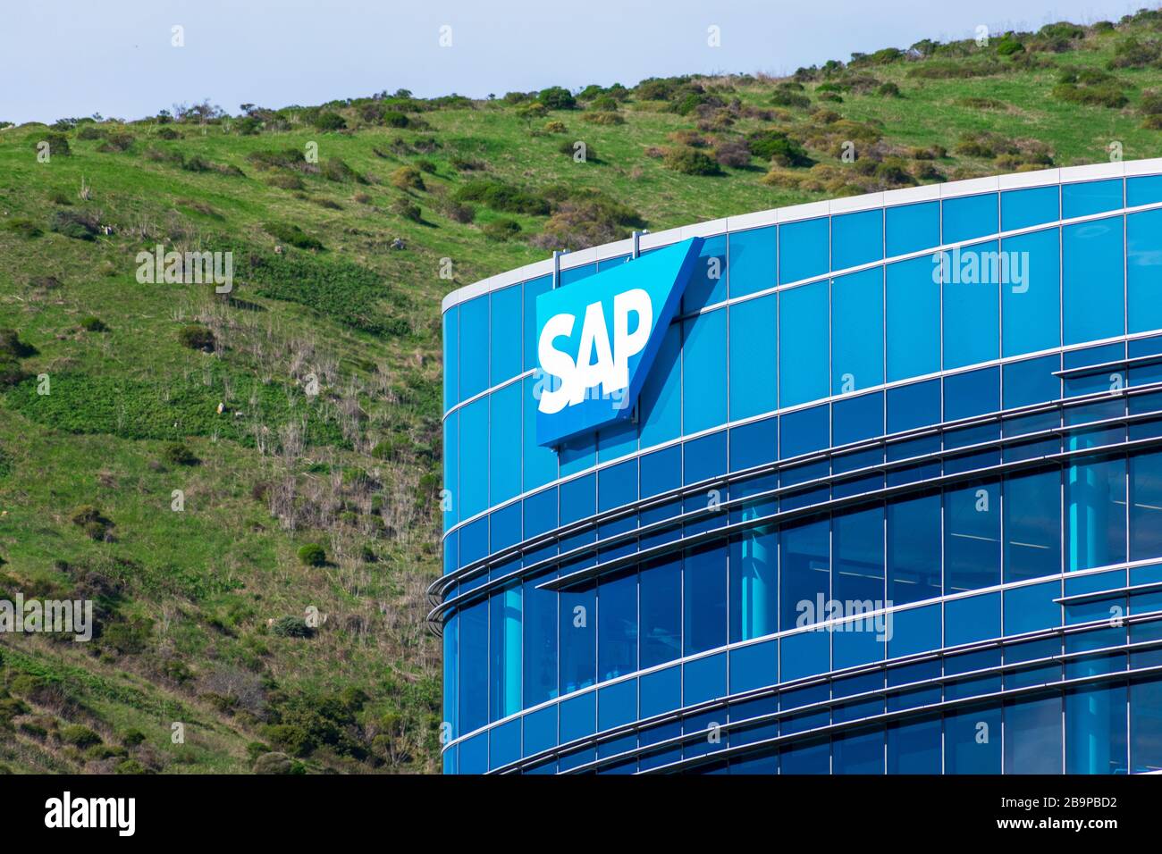 SAP logo on SAP SuccessFactors headquarters in Silicon Valley. SAP Success Factors is a company providing cloud software for human capital management Stock Photo