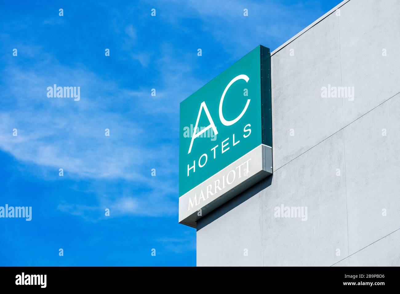 AC Hotels Marriott sign on a European inspired hotel under blue sky - South San Francisco, California, USA, California, USA - 2020 Stock Photo