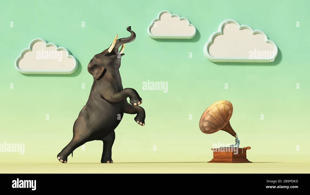 Elephant dancing in front of an old gramophone . This is a 3d render illustration . Stock Photo