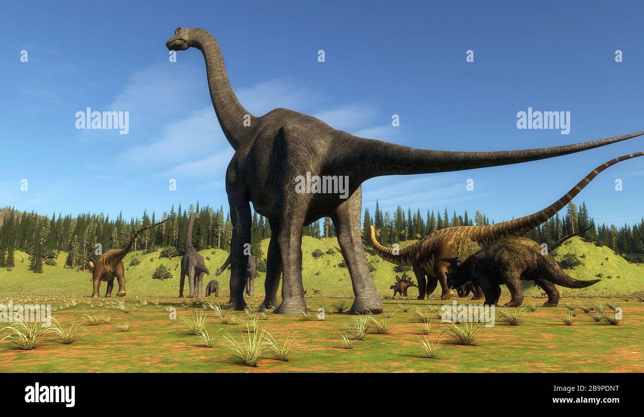 Dinosaurs on the valley . This is a 3d render illustration . Stock Photo