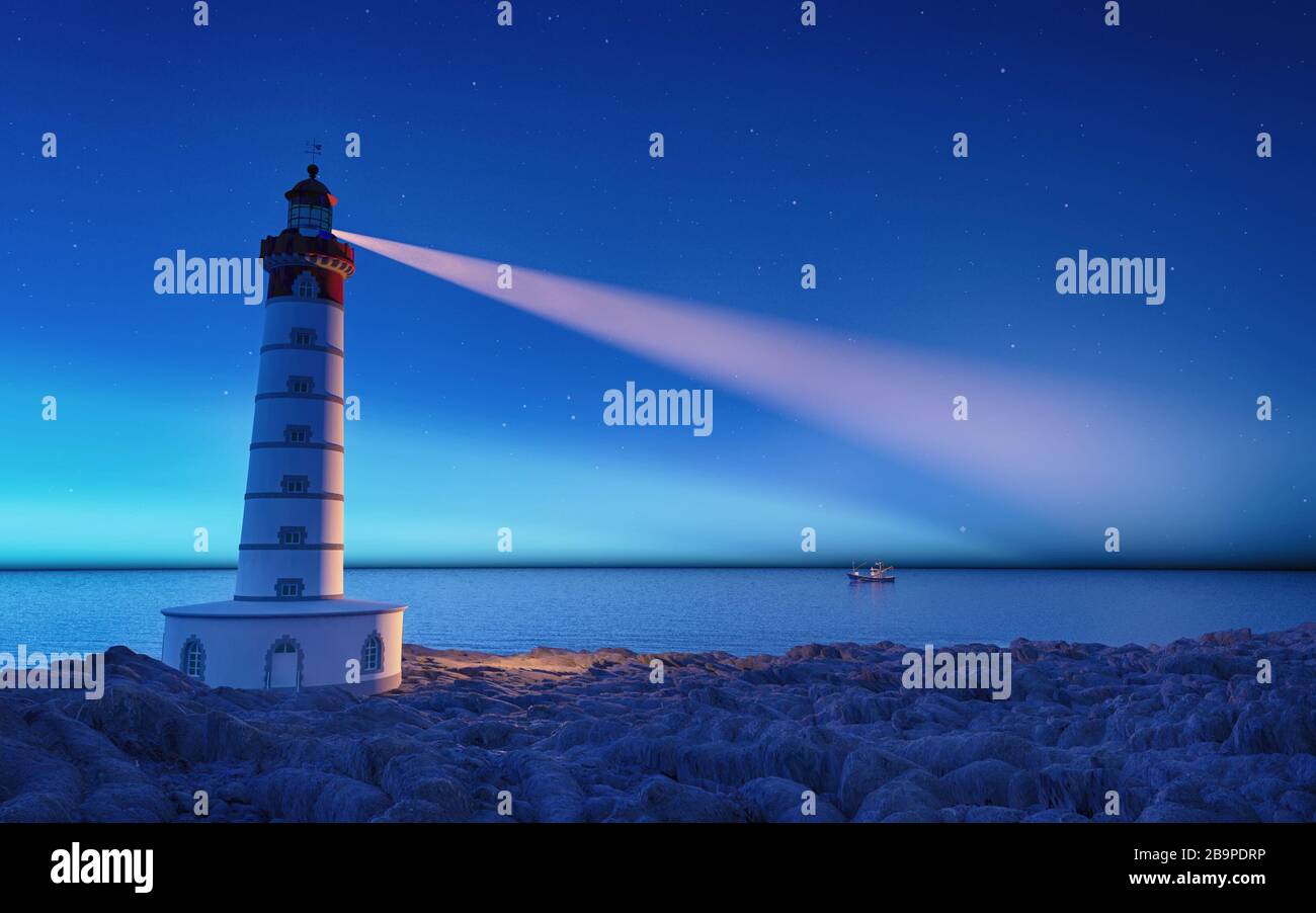 Lighthouse at night with spotlight beam . This is a 3d render illustration. Stock Photo