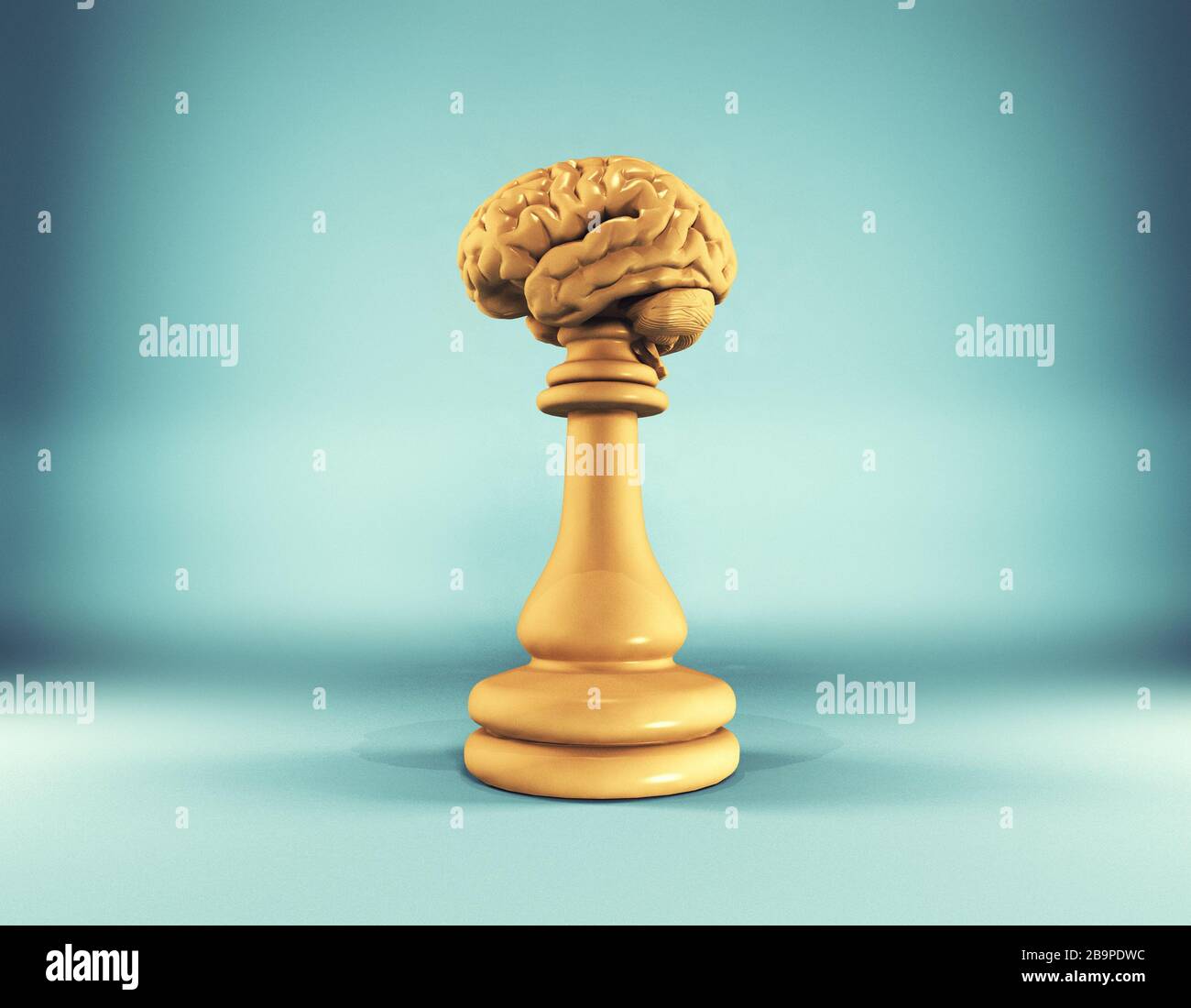 Golden chess pieces with a brain . This is a 3d render illustration . Stock Photo