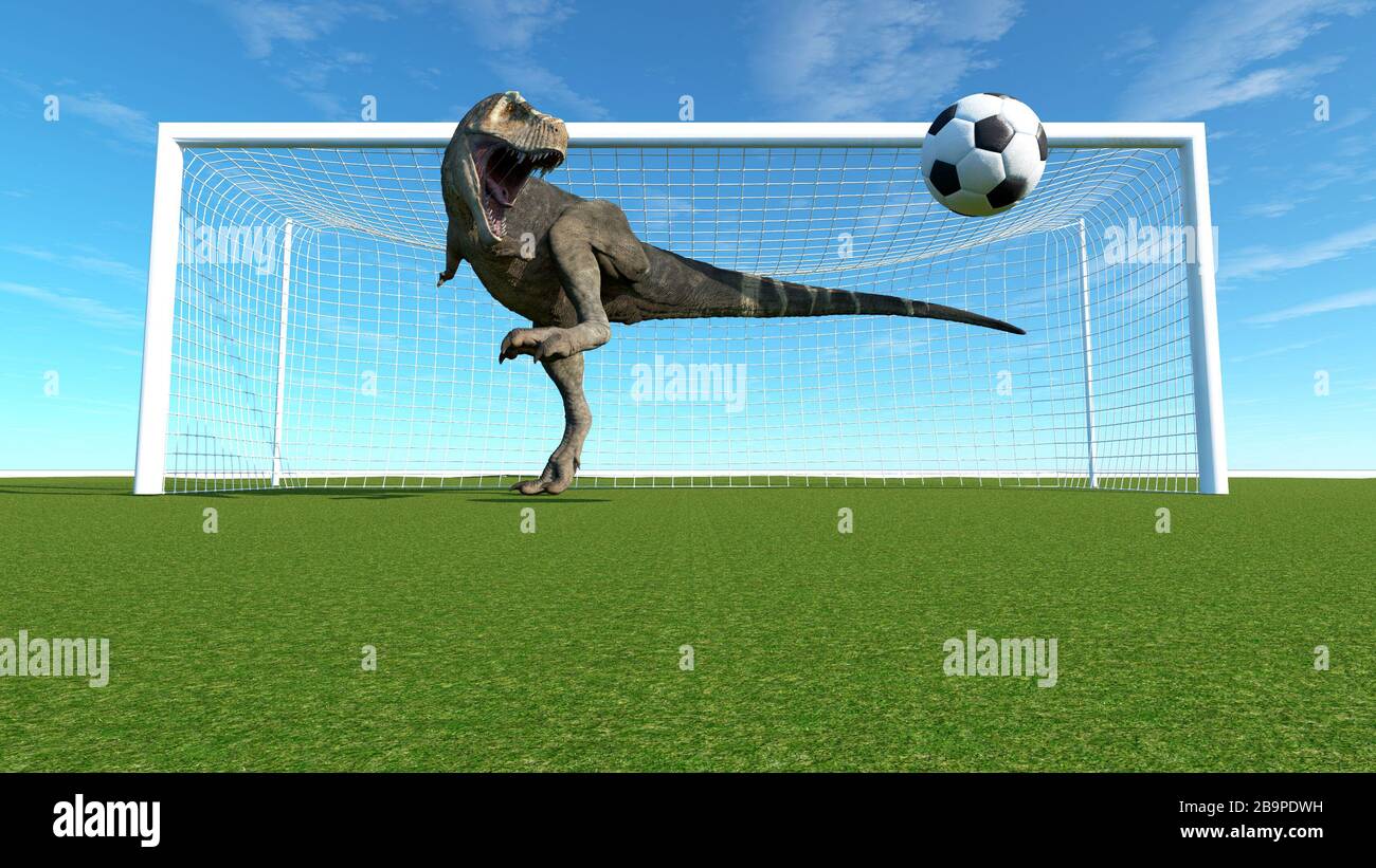 T rex as a goalkeeper playing soccer . This is a 3d render illustration . Stock Photo