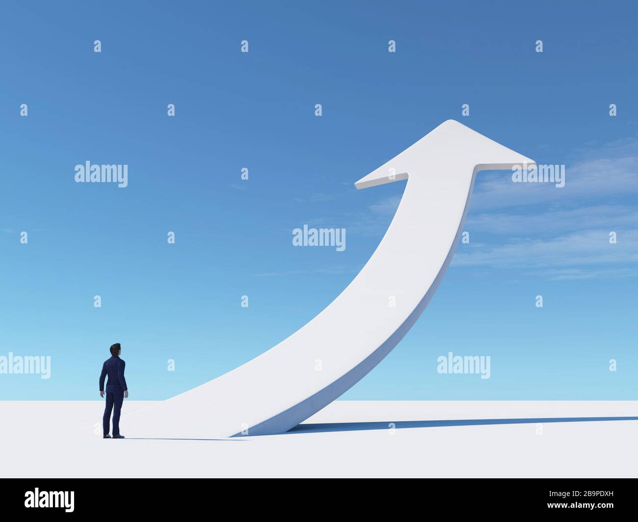 Businessman looks to a white arrow rising up. This is a 3d render illustration . Stock Photo