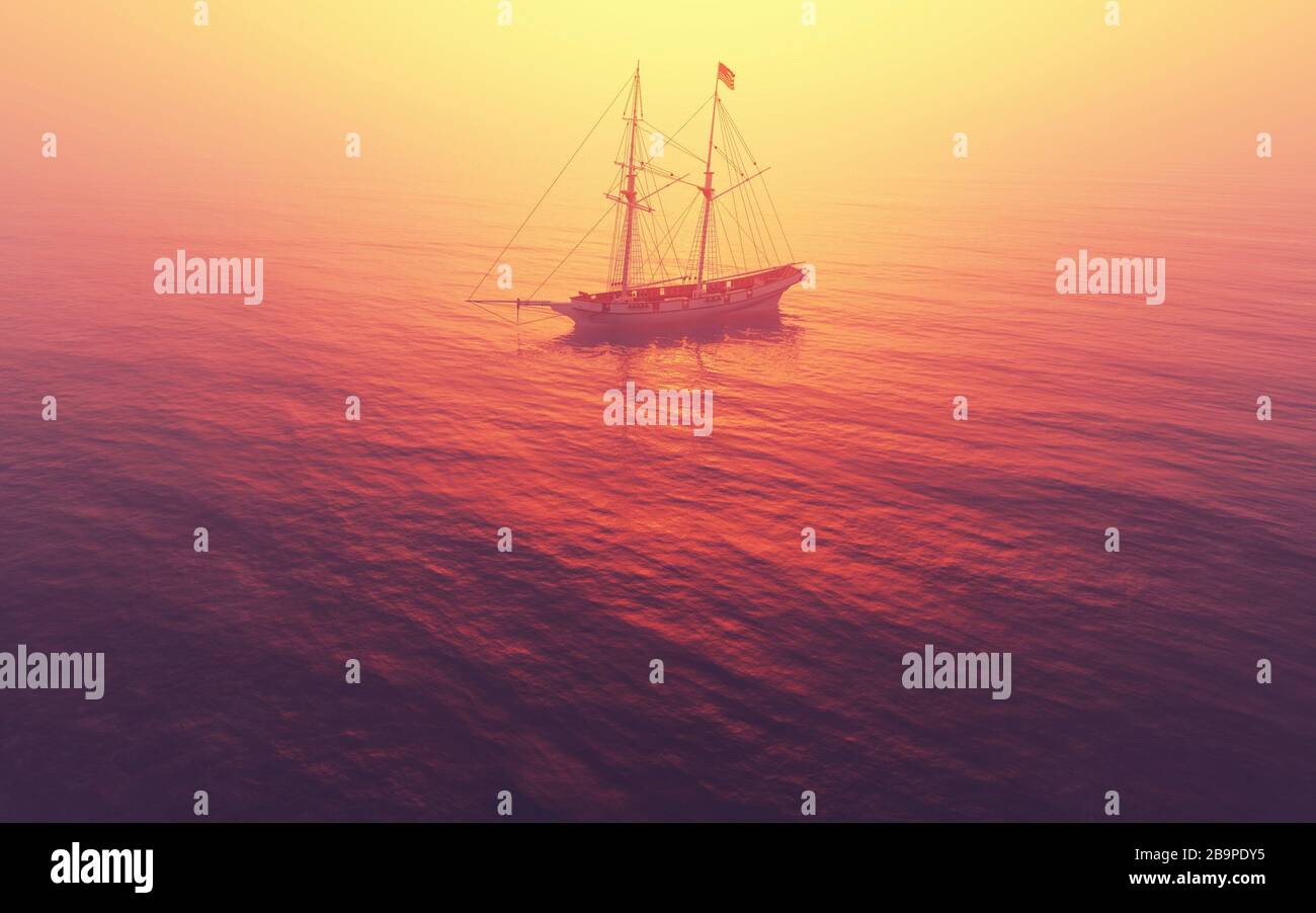 schooner ship at sunset in the ocean. This is a 3d render illustration. Stock Photo