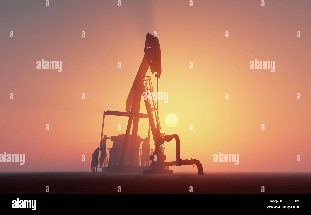 Oil pump on a hazy and foggy sunset . Pollution concept . this is a 3d render illustration. Stock Photo