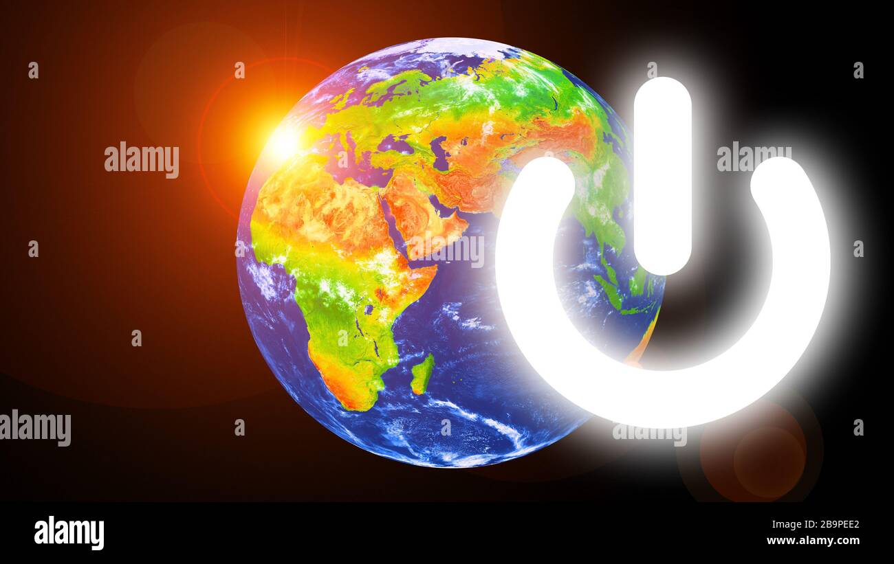 Planet Earth and electric power button. Earth hour event. Earth day ...