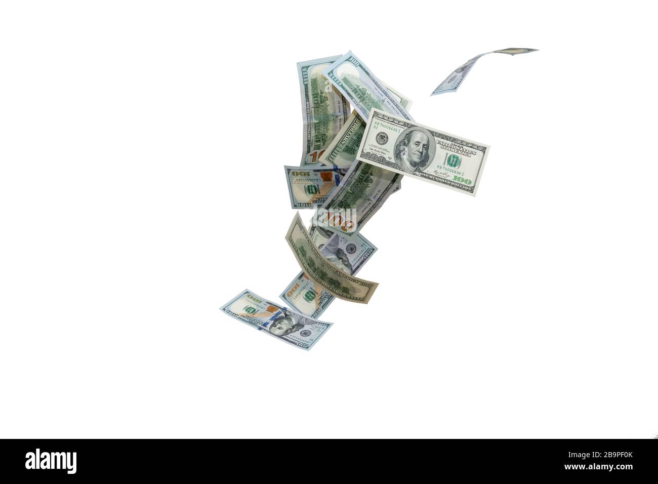 American money, falling cash. Flying hundred dollars. Stock Photo