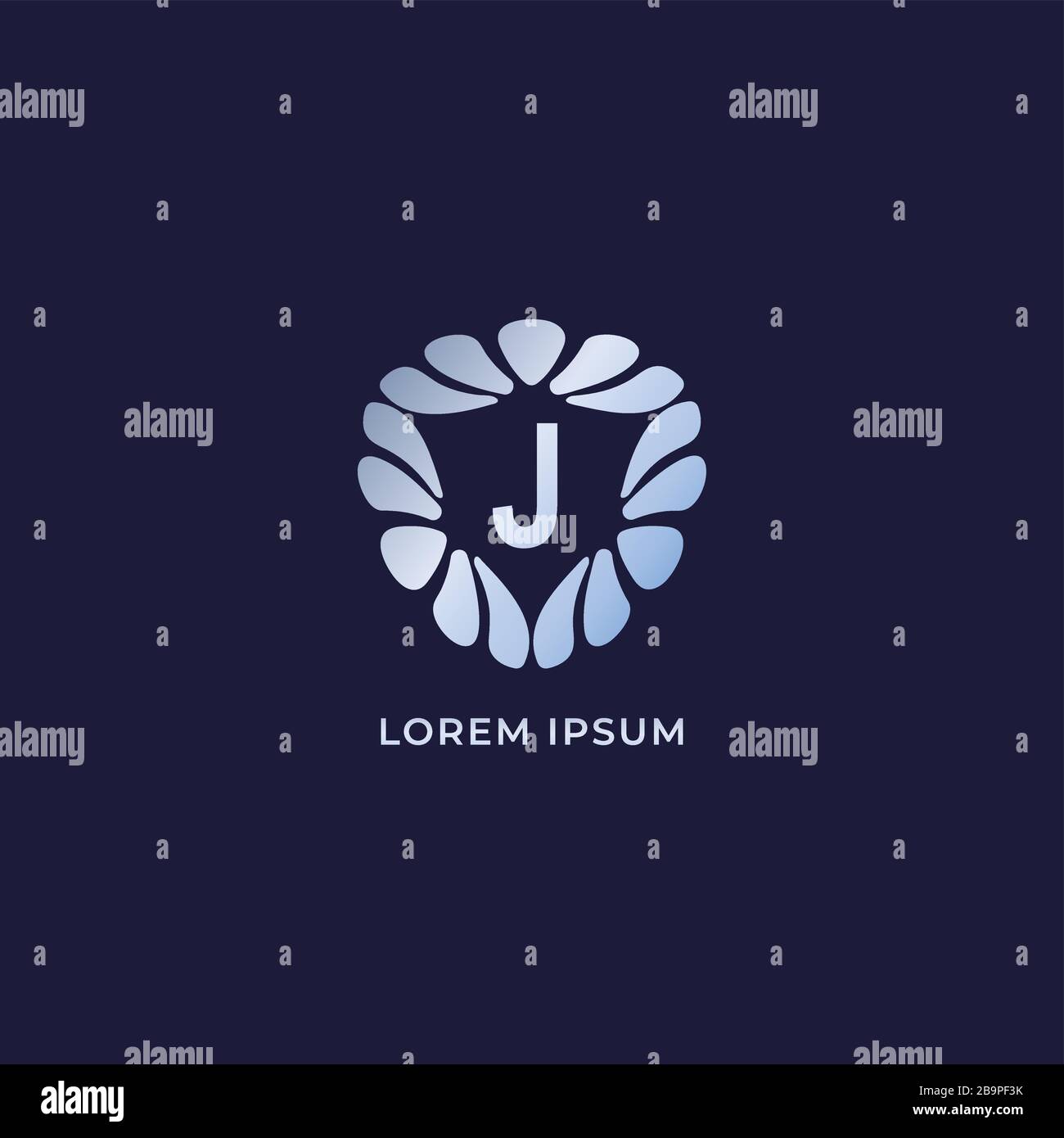 Letter J Alphabetic logo design template. Luxury decorative alphabet logo isolated on navy blue