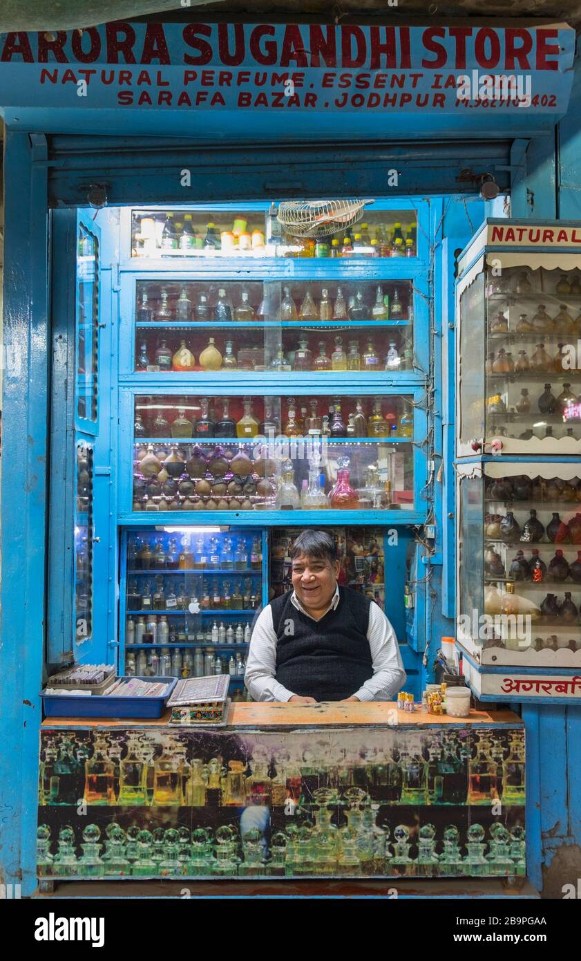 Perfume stall Sarafa Bazar Old City Jodhpur Rajasthan India Stock Photo